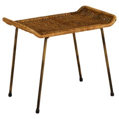 Vintage Swedish Stool Tabouret in Metal and Rattan, 1950s