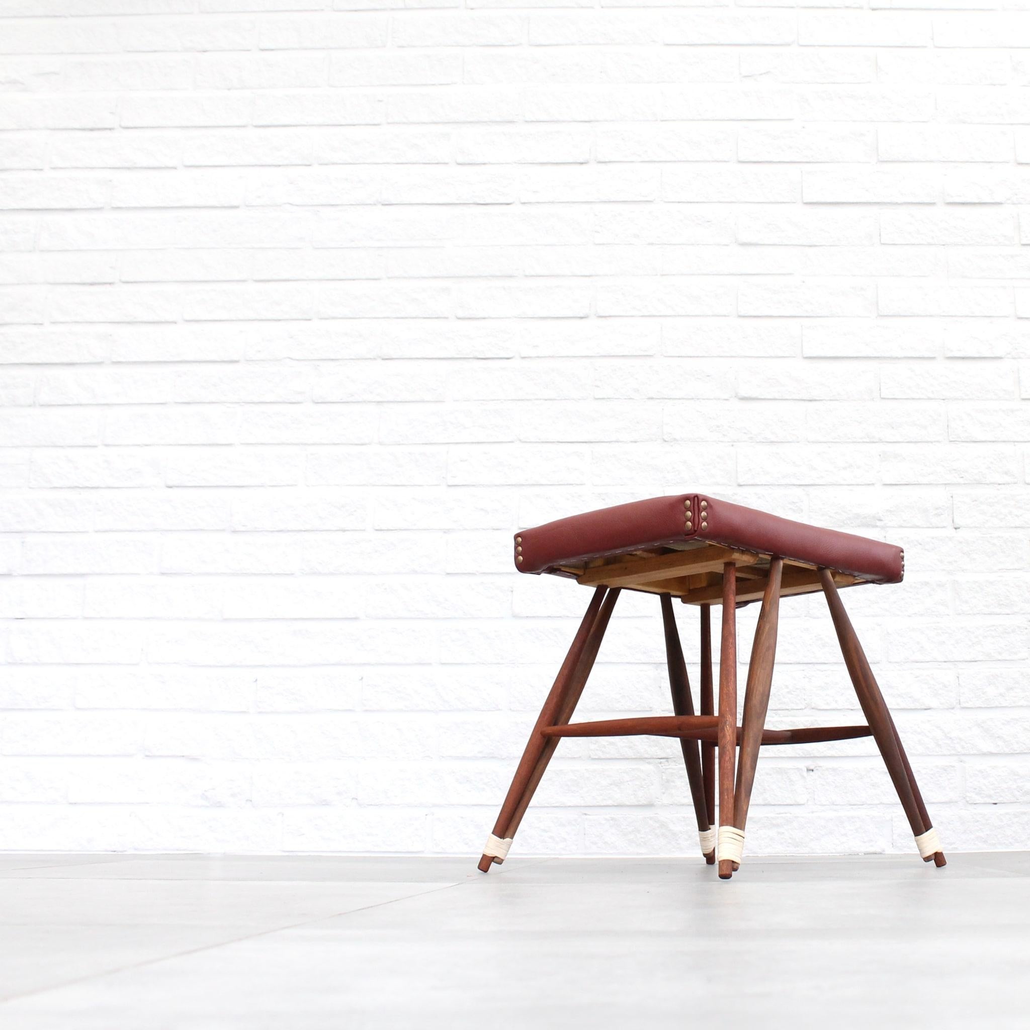 20th Century Swedish stool with eiffel base made from walnut and leather For Sale