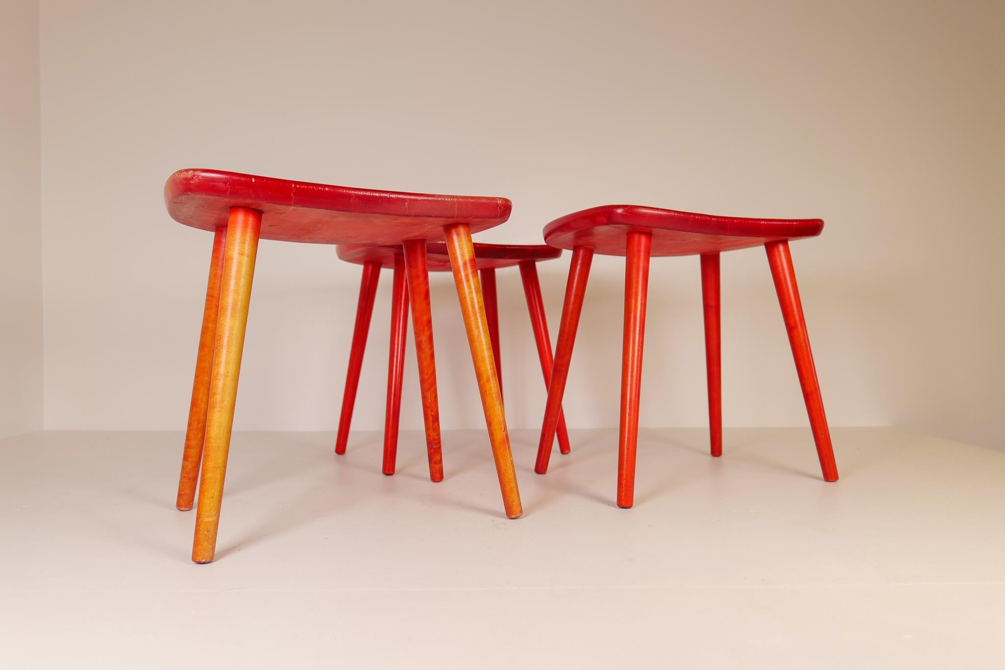 Lacquered Swedish Stools in lacquered Red Birch, Yngve Ekström 