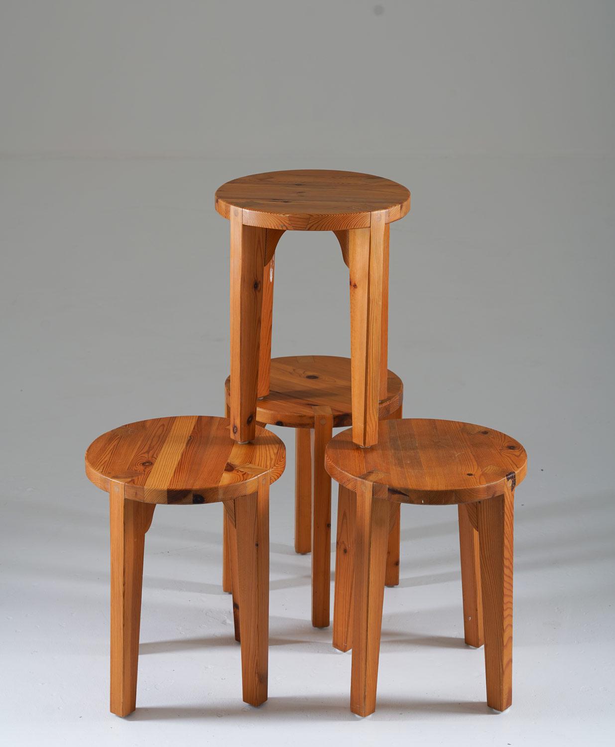Rare stools manufactured in Sweden, ca 1970. 
Studio craft stools with a round seat, resting on four legs that are beautifully connected with visible joinery.

Condition: Good original condition with light patina.