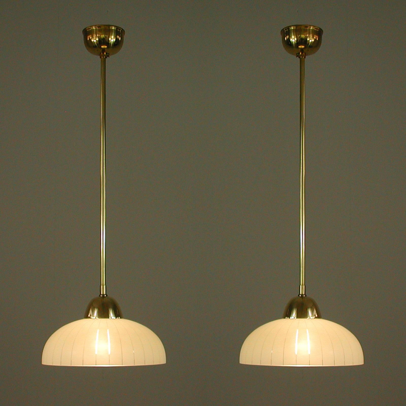 Mid-Century Modern Swedish Striped Glass and Brass Pendants, 1940s to 1950s, Set of 2 For Sale