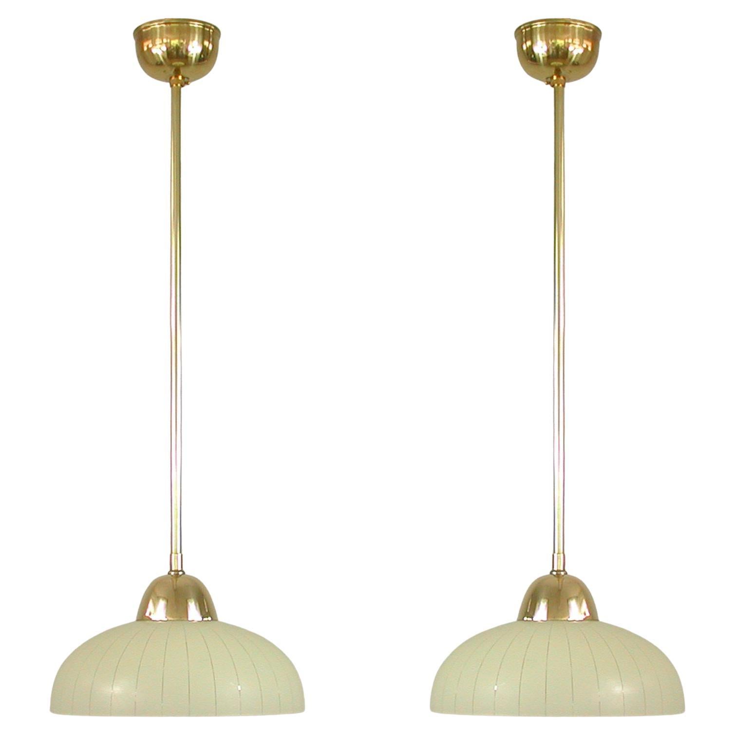 Swedish Striped Glass and Brass Pendants, 1940s to 1950s, Set of 2