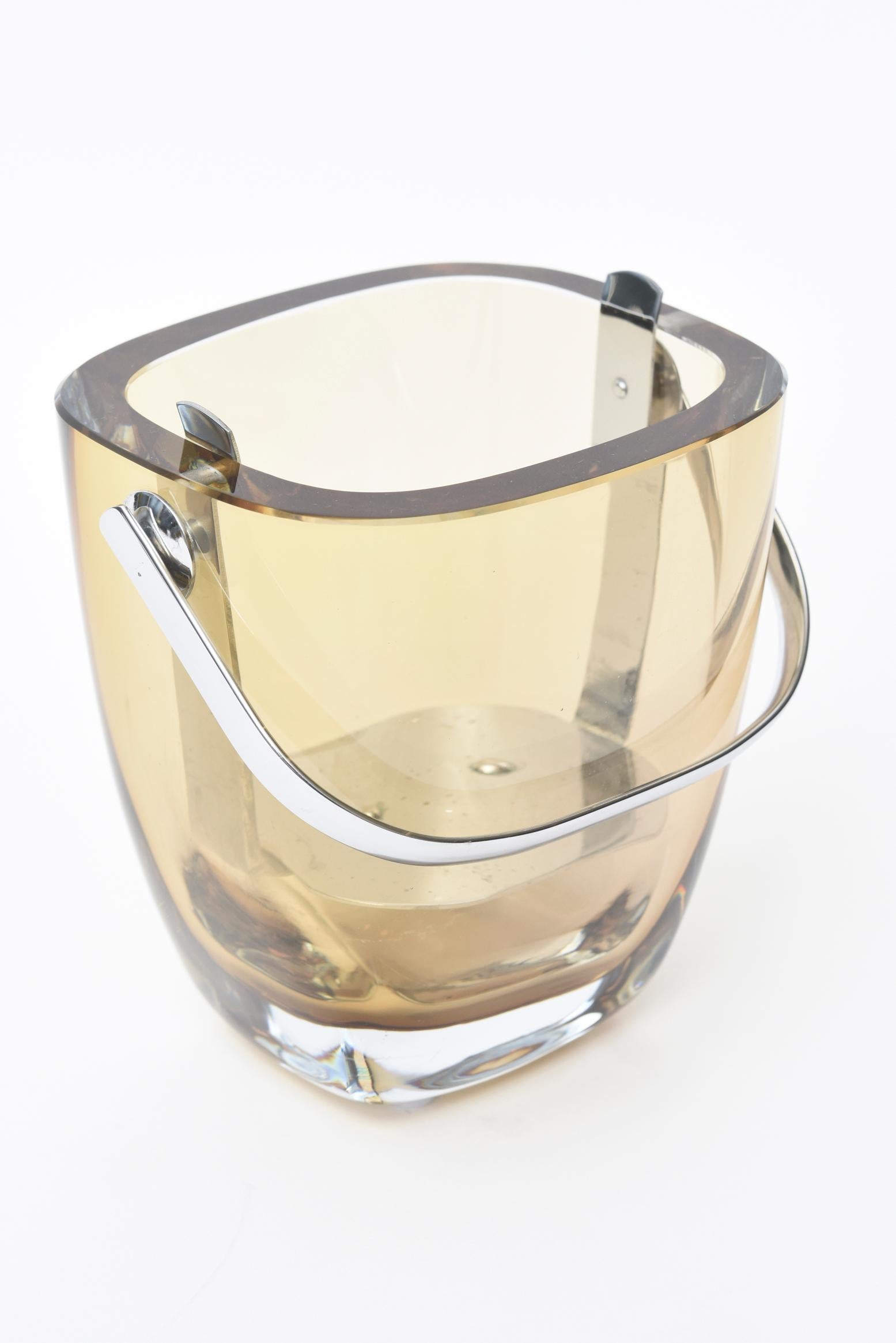 Strombergshyttan Swedish Glass and Chrome Ice Bucket and Stand Barware Vintage 1