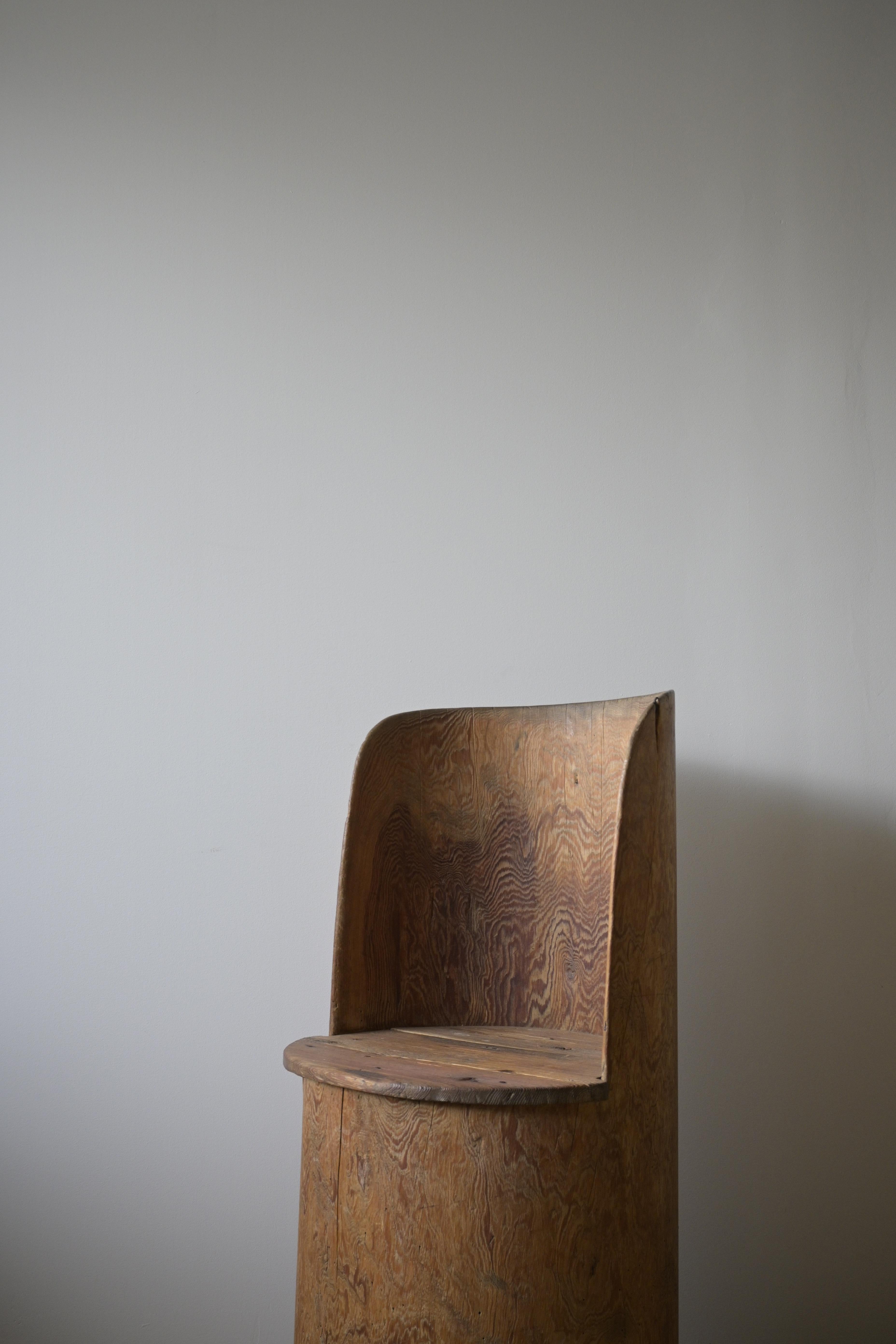 Swedish Stump Chair, circa 1930

Beautiful patterns in the wood grain and a beautiful patina.
Old repairs, made from pine tree.

Heigth: 84 cm/33 inch
Depth: 37 cm/14.5 inch
Width: 41 cm/16.1 inch
Seat Heght: 47 cm/18.5 inch