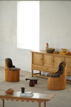 Swedish Stump Chair / “Kubstol” in Pine & Floral Upholstery, Mid 20th Century