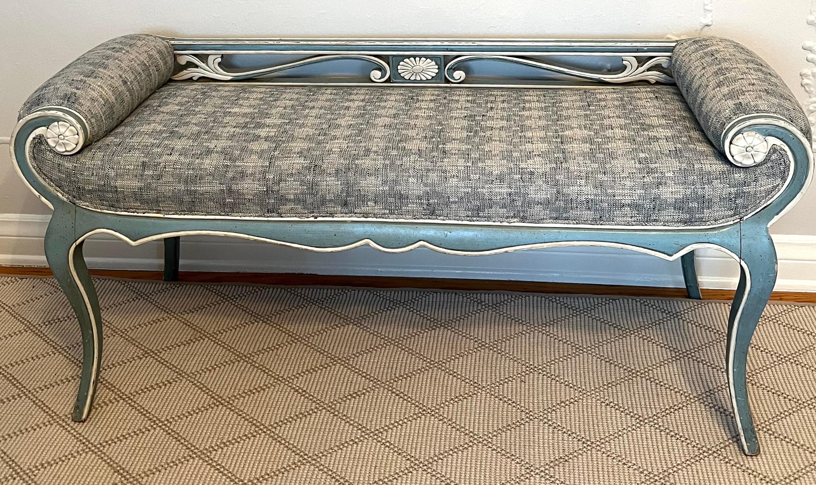 Hand-Crafted Swedish Style Bench with Swedish Blue and White Trim Frame and Curved Arms