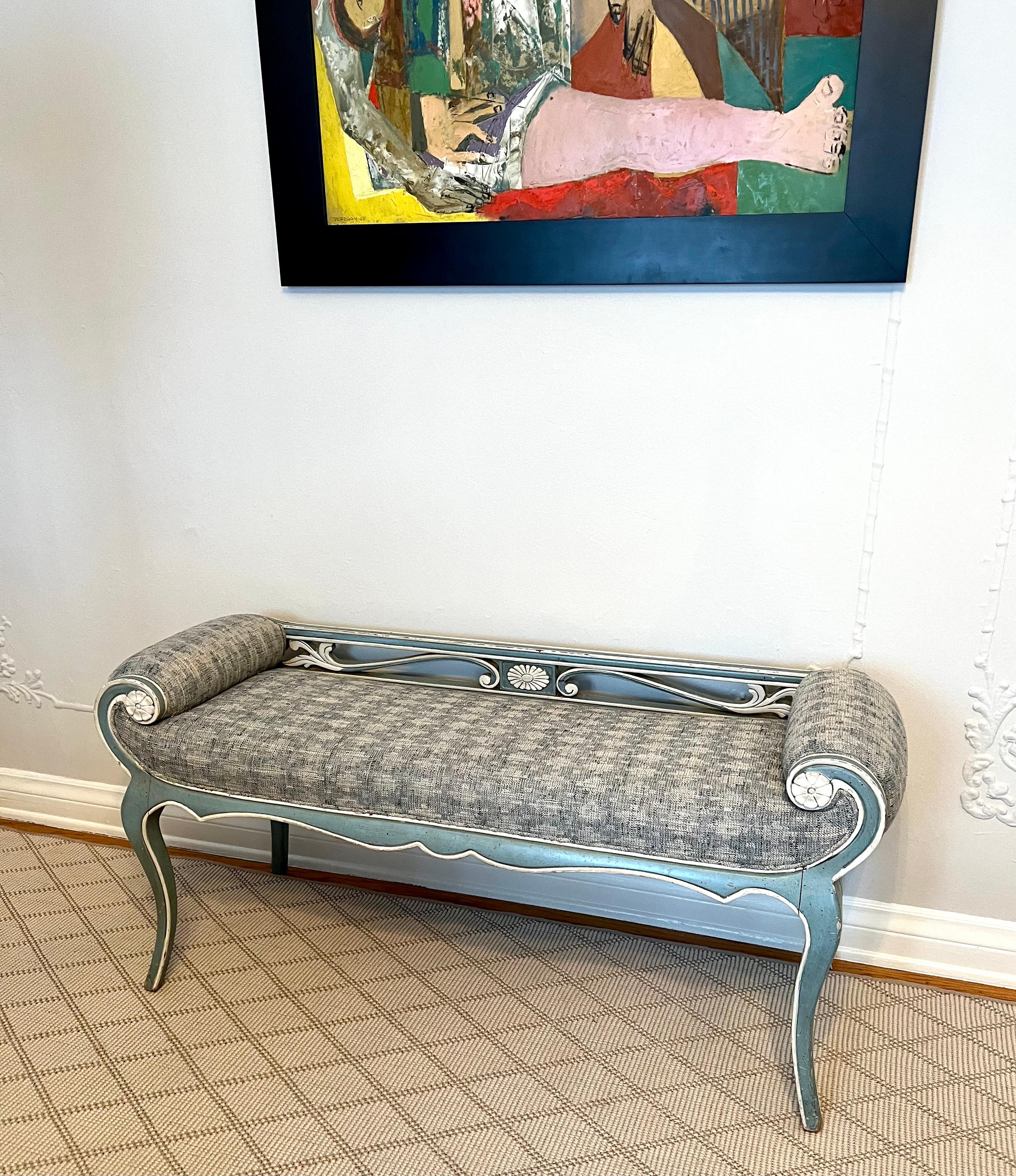 Swedish Style Bench with Swedish Blue and White Trim Frame and Curved Arms In Good Condition In Los Angeles, CA