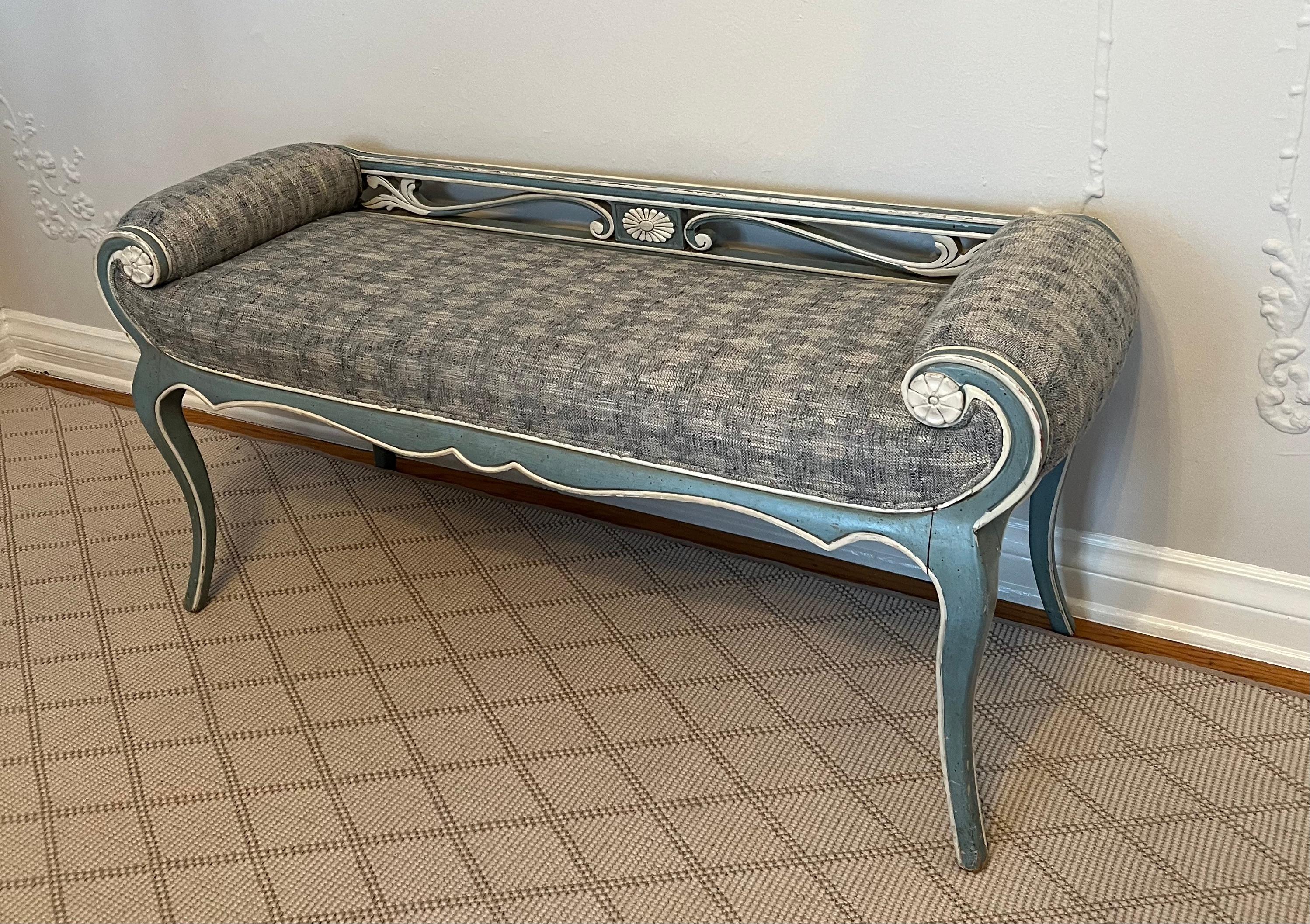 20th Century Swedish Style Bench with Swedish Blue and White Trim Frame and Curved Arms