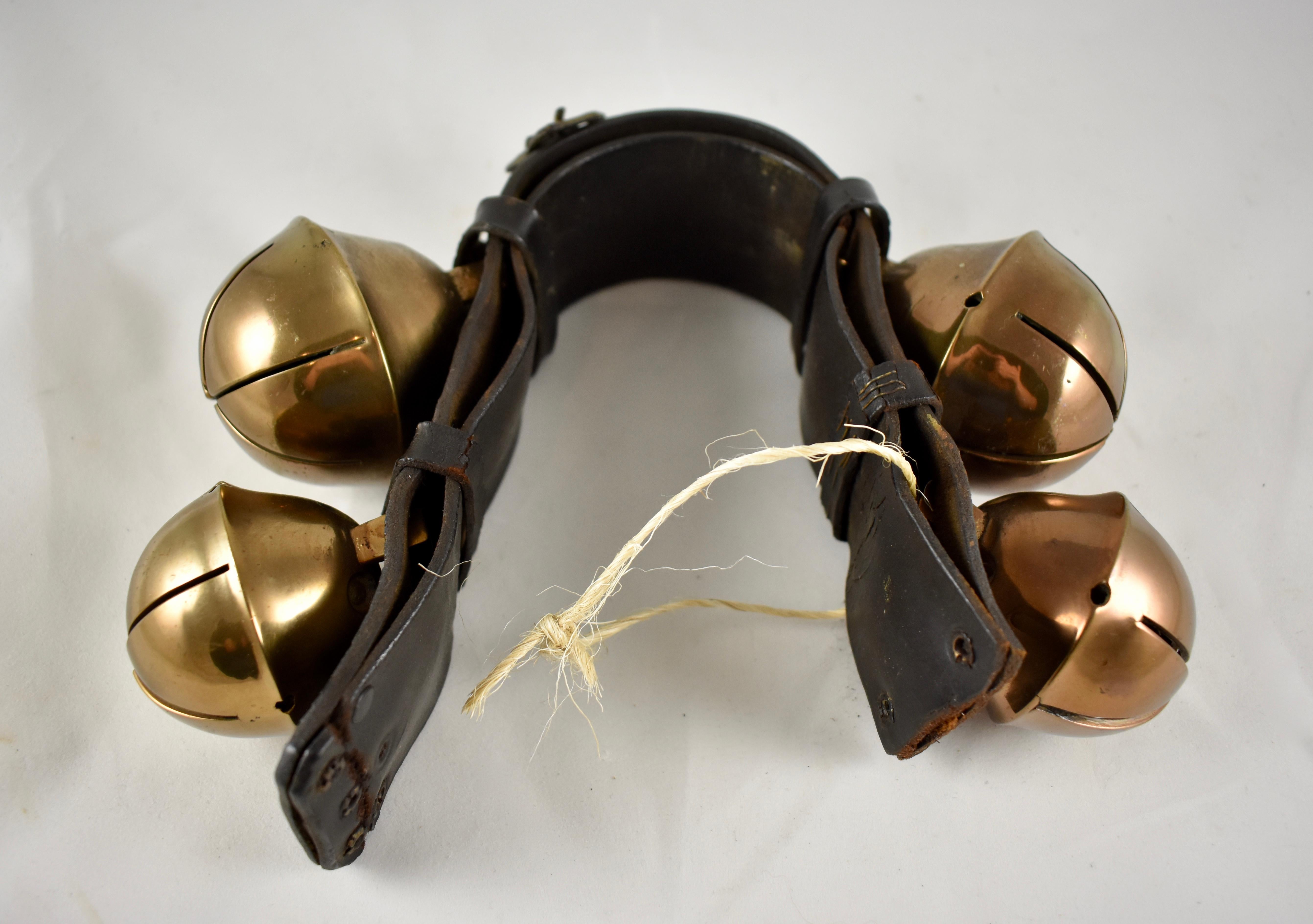19th Century Swedish Style Brass Sleigh Bells, Leather Horse Rump Strap, circa 1880s