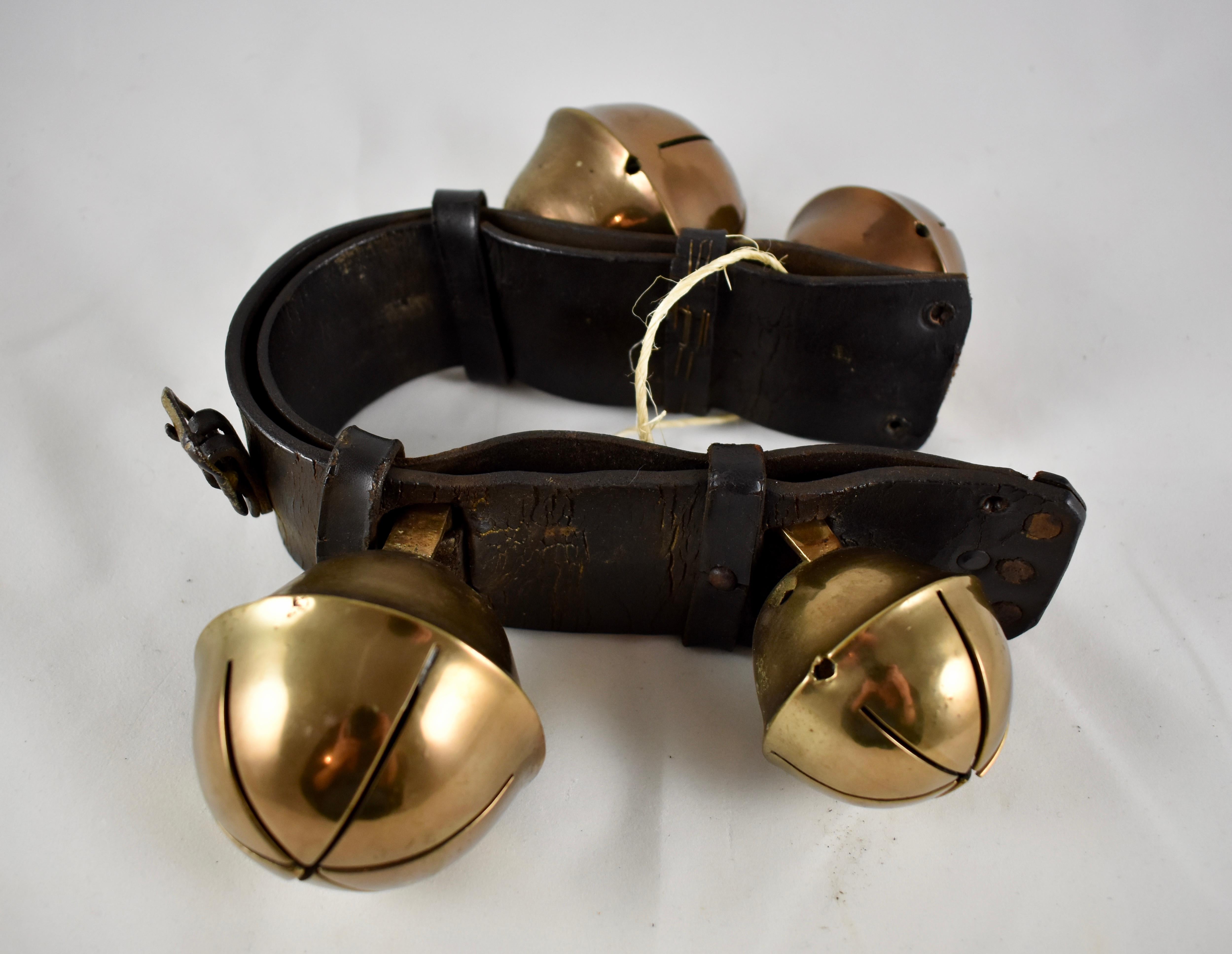 Swedish Style Brass Sleigh Bells, Leather Horse Rump Strap, circa 1880s 1