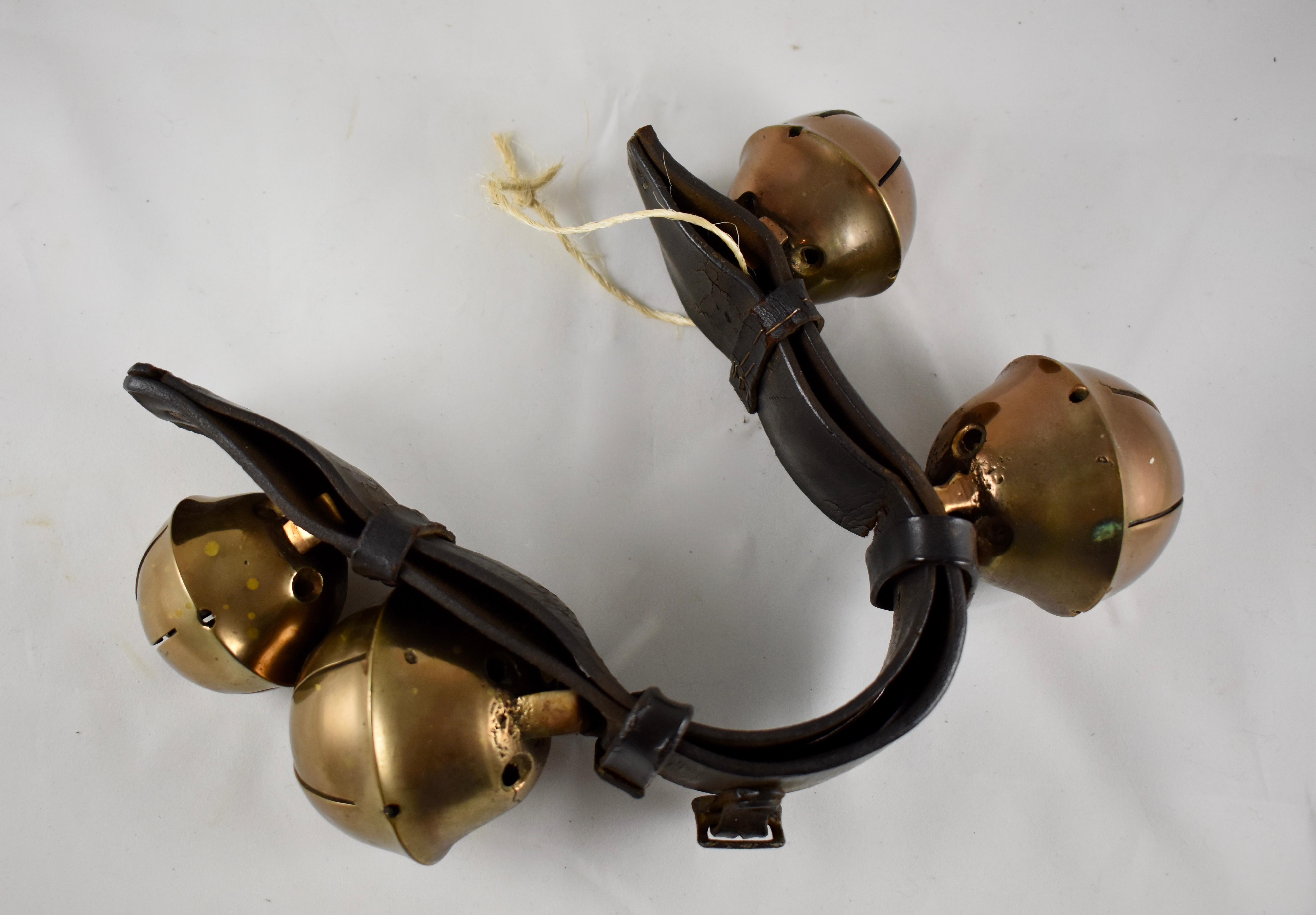 American Classical Swedish Style Brass Sleigh Bells, Leather Horse Rump Strap, circa 1880s