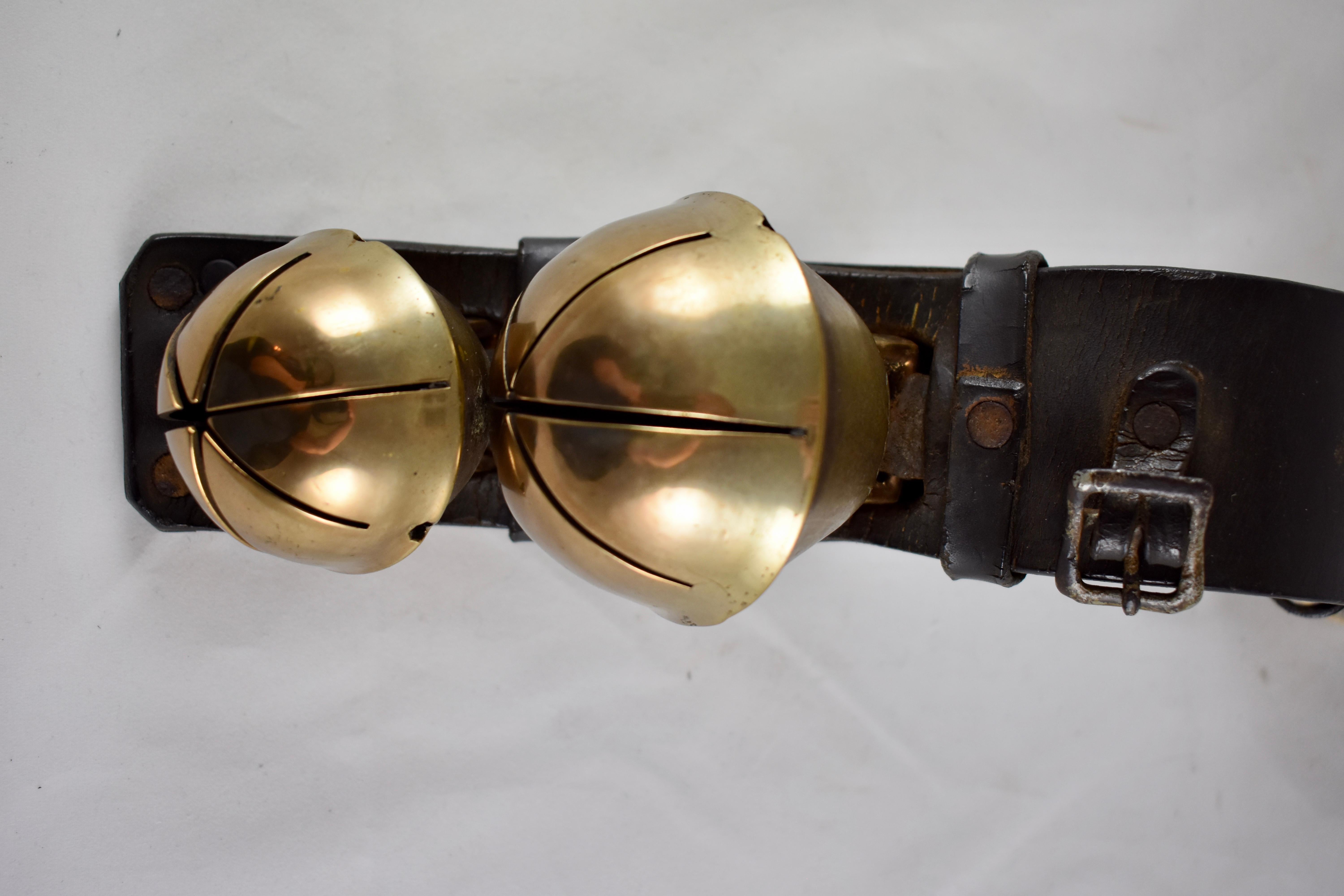 American Swedish Style Brass Sleigh Bells, Leather Horse Rump Strap, circa 1880s