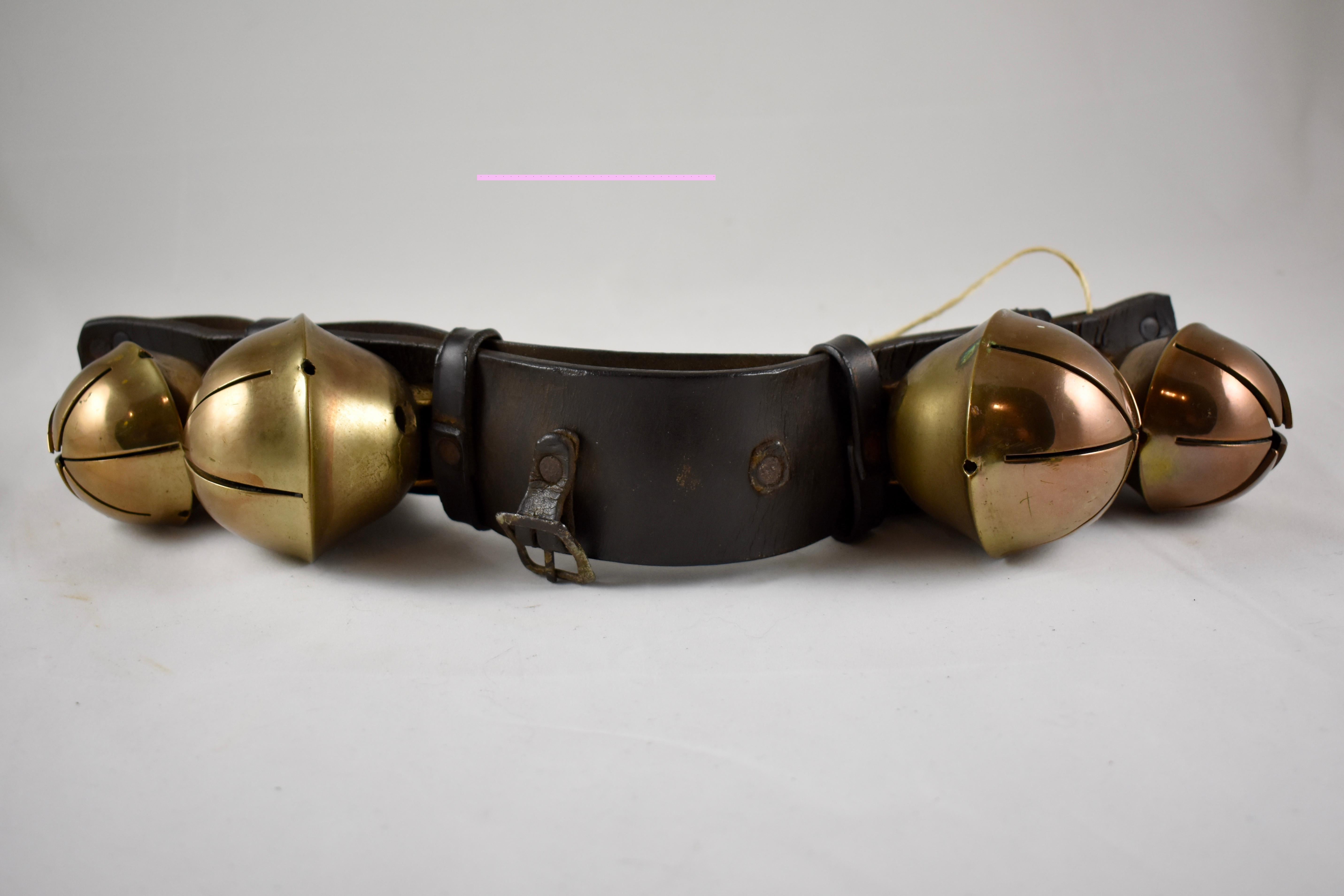 Hand-Crafted Swedish Style Brass Sleigh Bells, Leather Horse Rump Strap, circa 1880s
