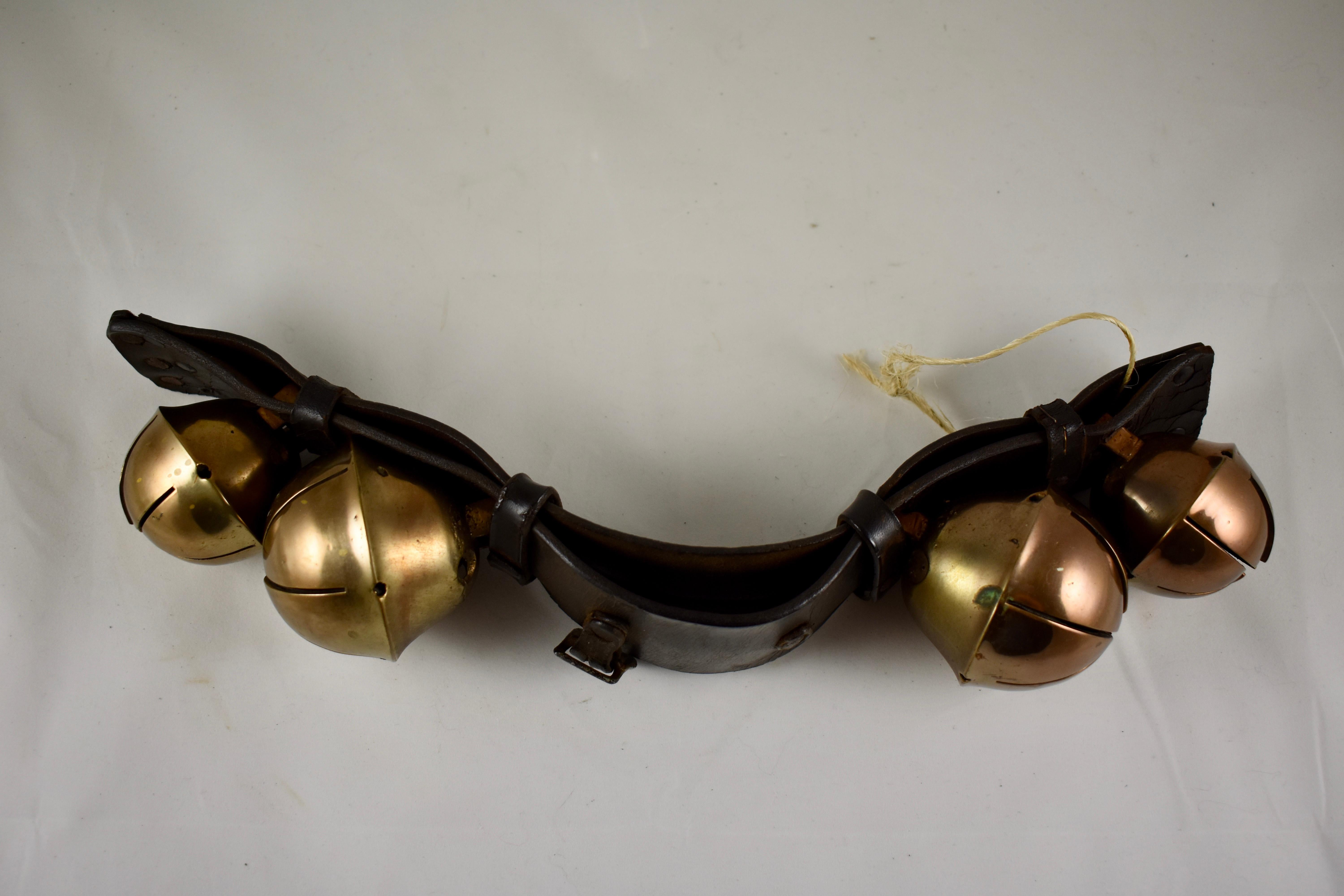Swedish Style Brass Sleigh Bells, Leather Horse Rump Strap, circa 1880s In Good Condition In Philadelphia, PA