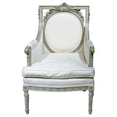 Carved Swedish or Gustavian Style Distressed Painted Bergere Parlor Chair