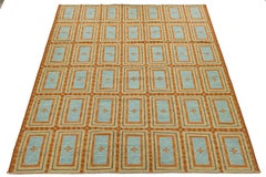 Swedish-Style Geometric Flatweave Wool Rug in Rust and Sky Blue