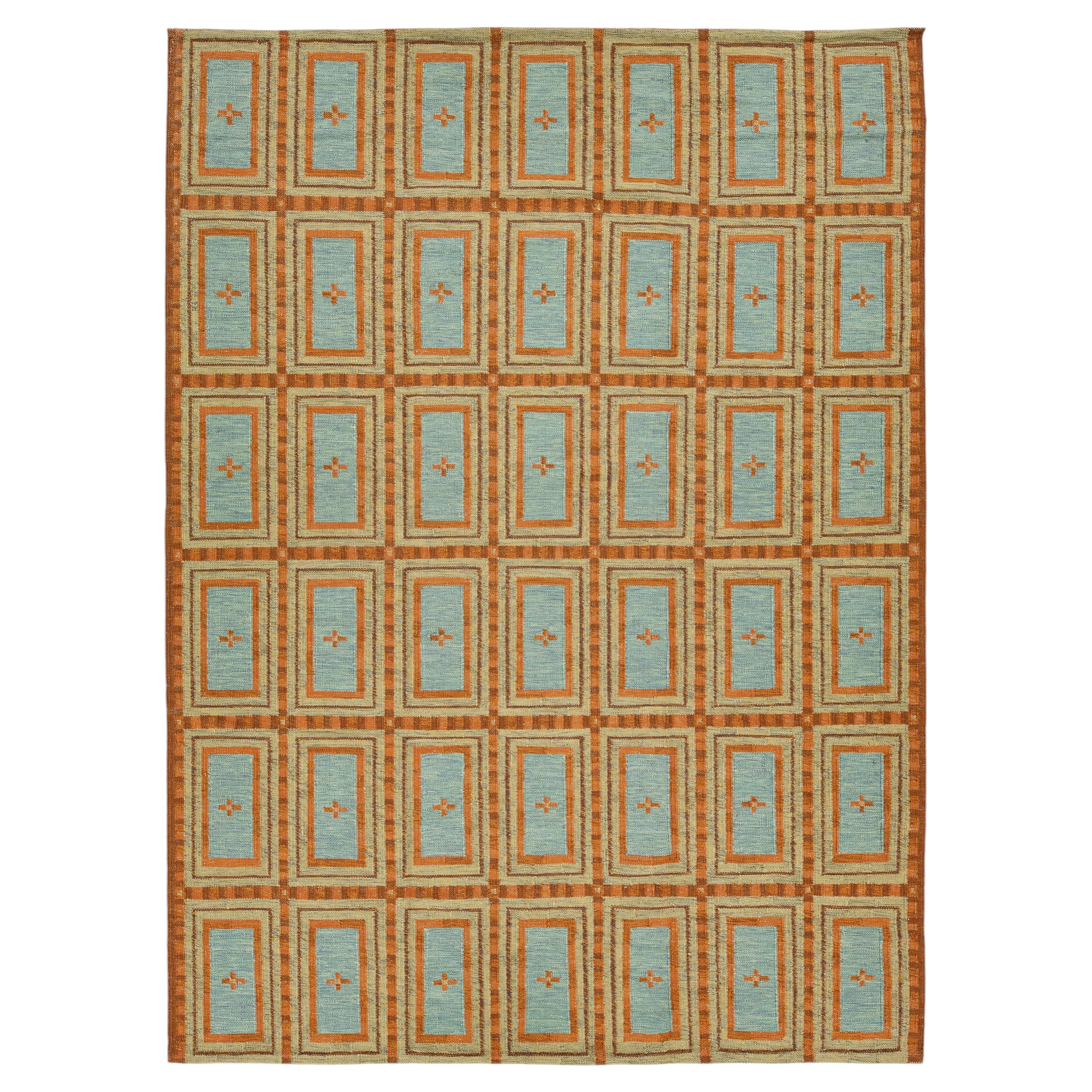 Swedish-Style Geometric Flatweave Wool Rug in Rust and Sky Blue
