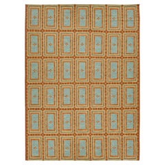 Swedish-Style Geometric Flatweave Wool Rug in Rust and Sky Blue