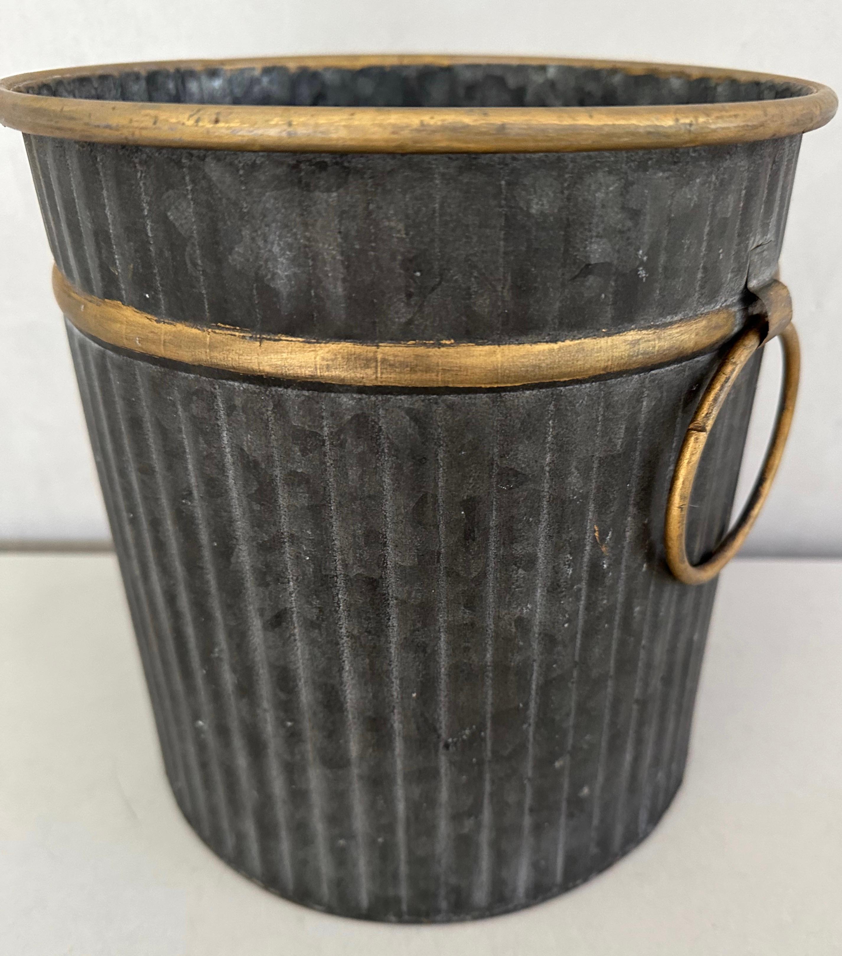 Hand-Painted Swedish Style Gilt Edge Metal Wastebasket w/ rings For Sale