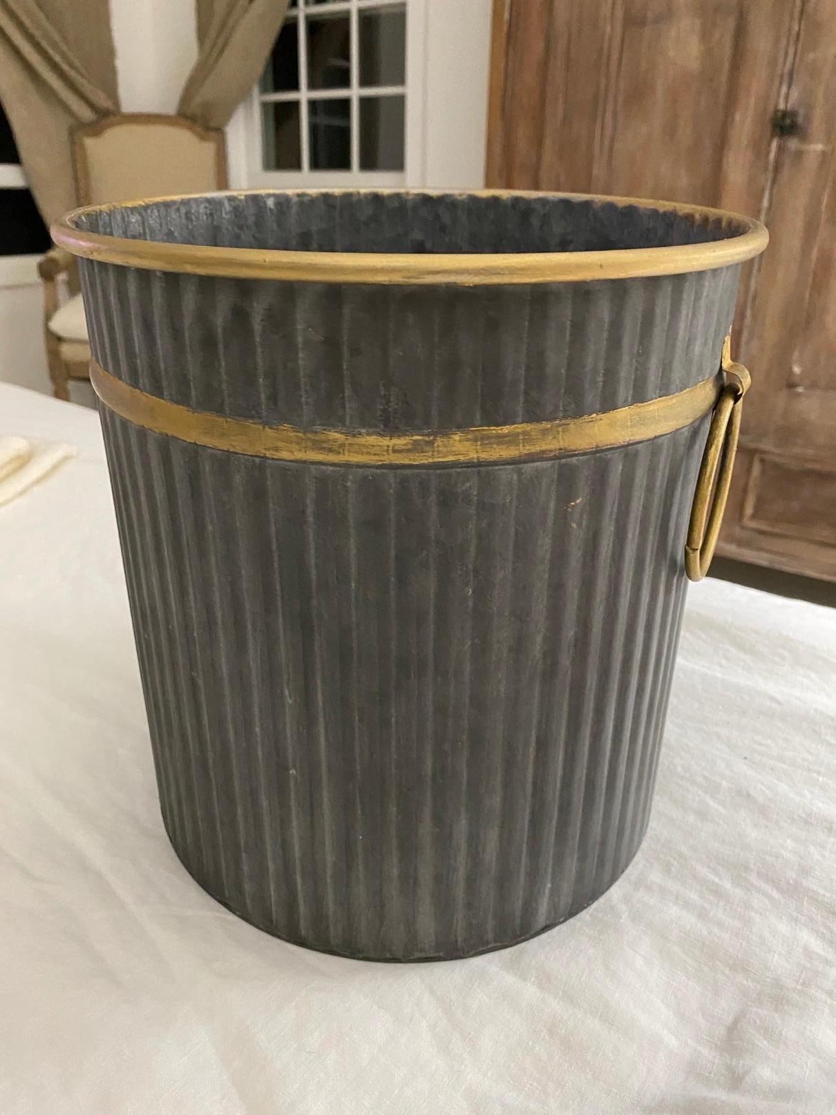Neoclassical Swedish Style Gilt Edge Metal Wastebasket with Vintage Feel
