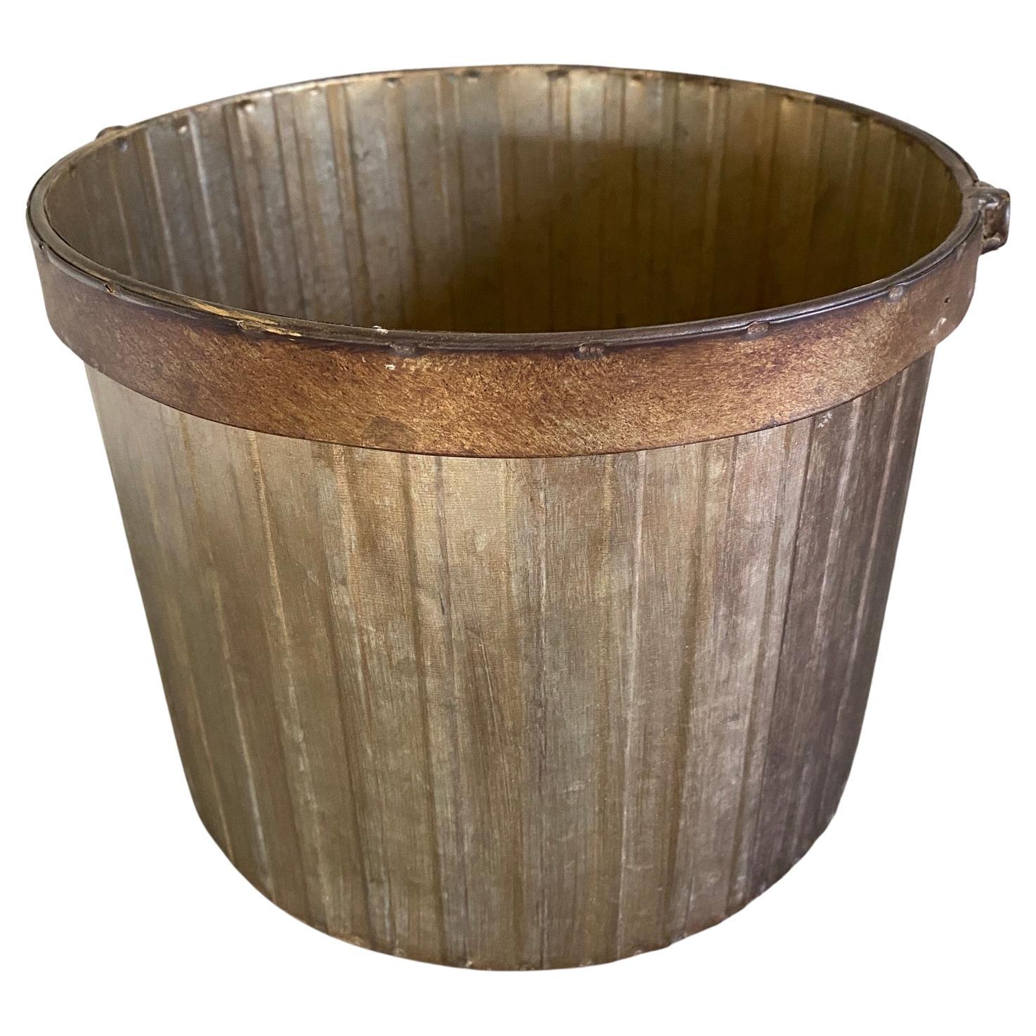 Rustic Swedish Style Gilt Edge Metal Wastebasket with Vintage Feel For Sale