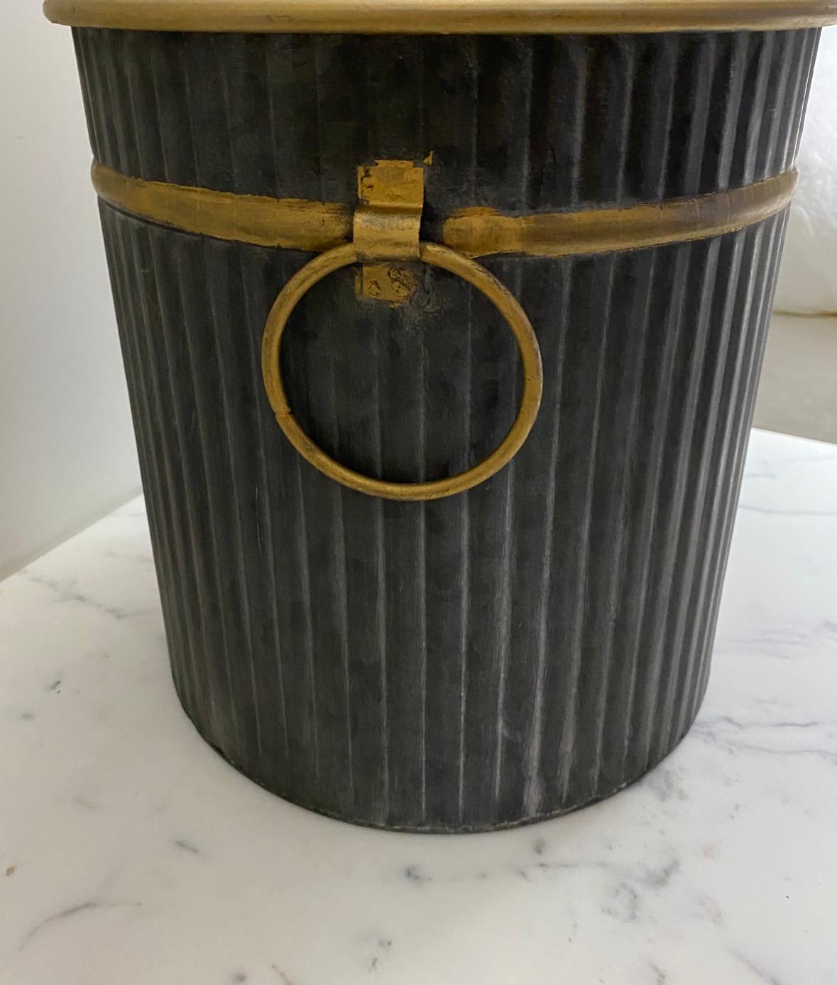 Contemporary Swedish Style Gilt Edge Metal Wastebasket with Vintage Feel