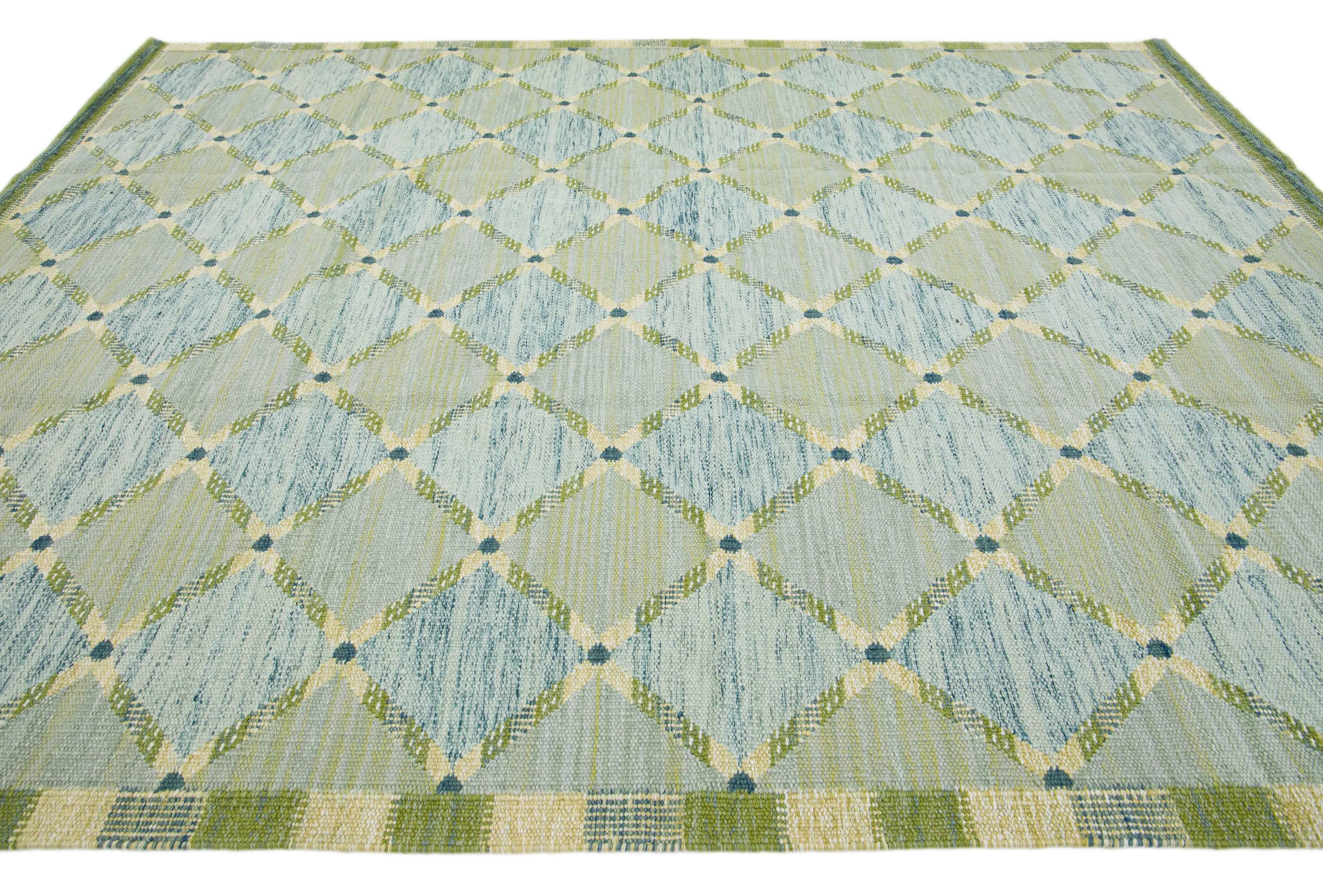 Indian  Swedish Style Green/Blue Modern Wool Rug Handmade With Geometric Pattern For Sale