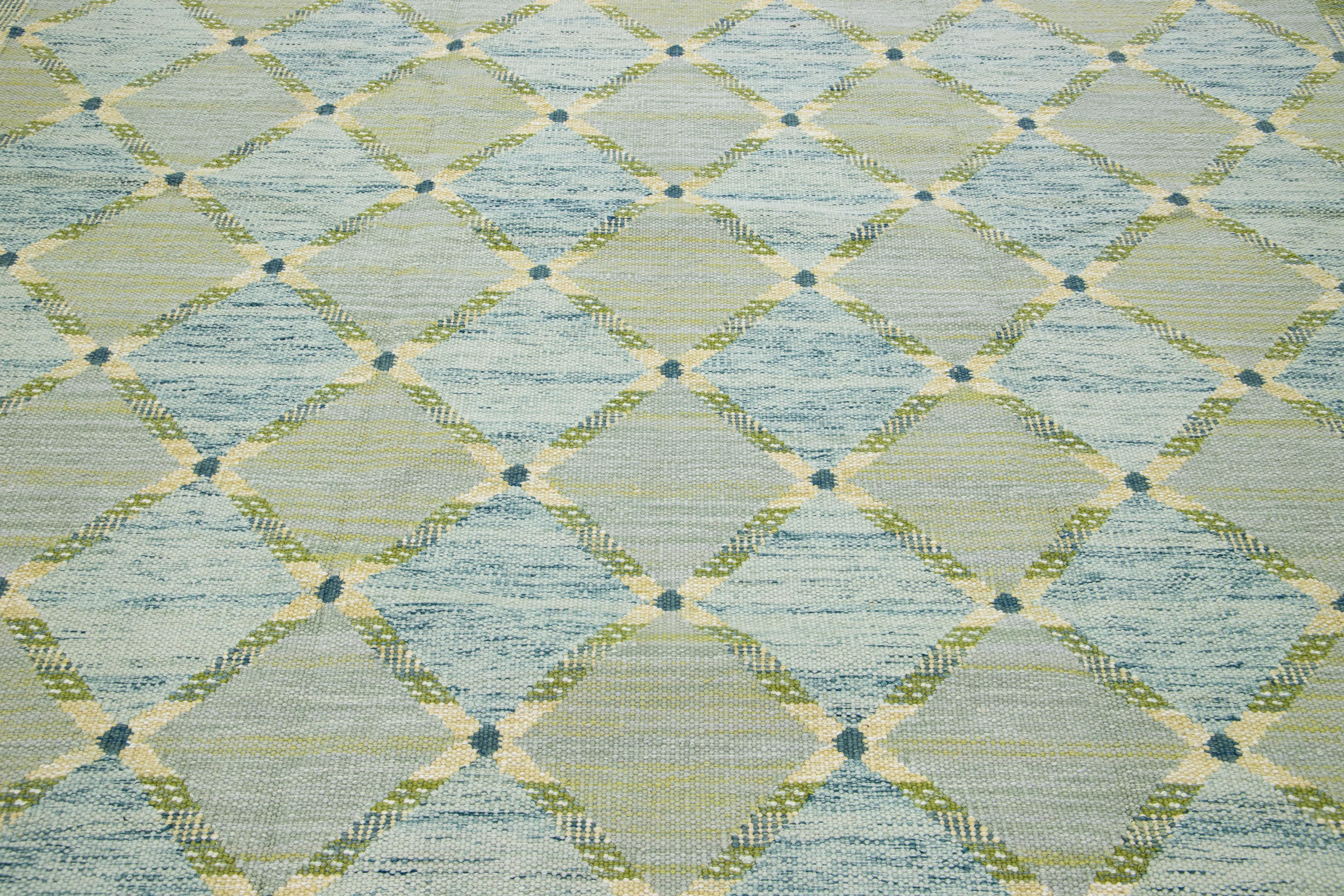  Swedish Style Green/Blue Modern Wool Rug Handmade With Geometric Pattern In New Condition For Sale In Norwalk, CT