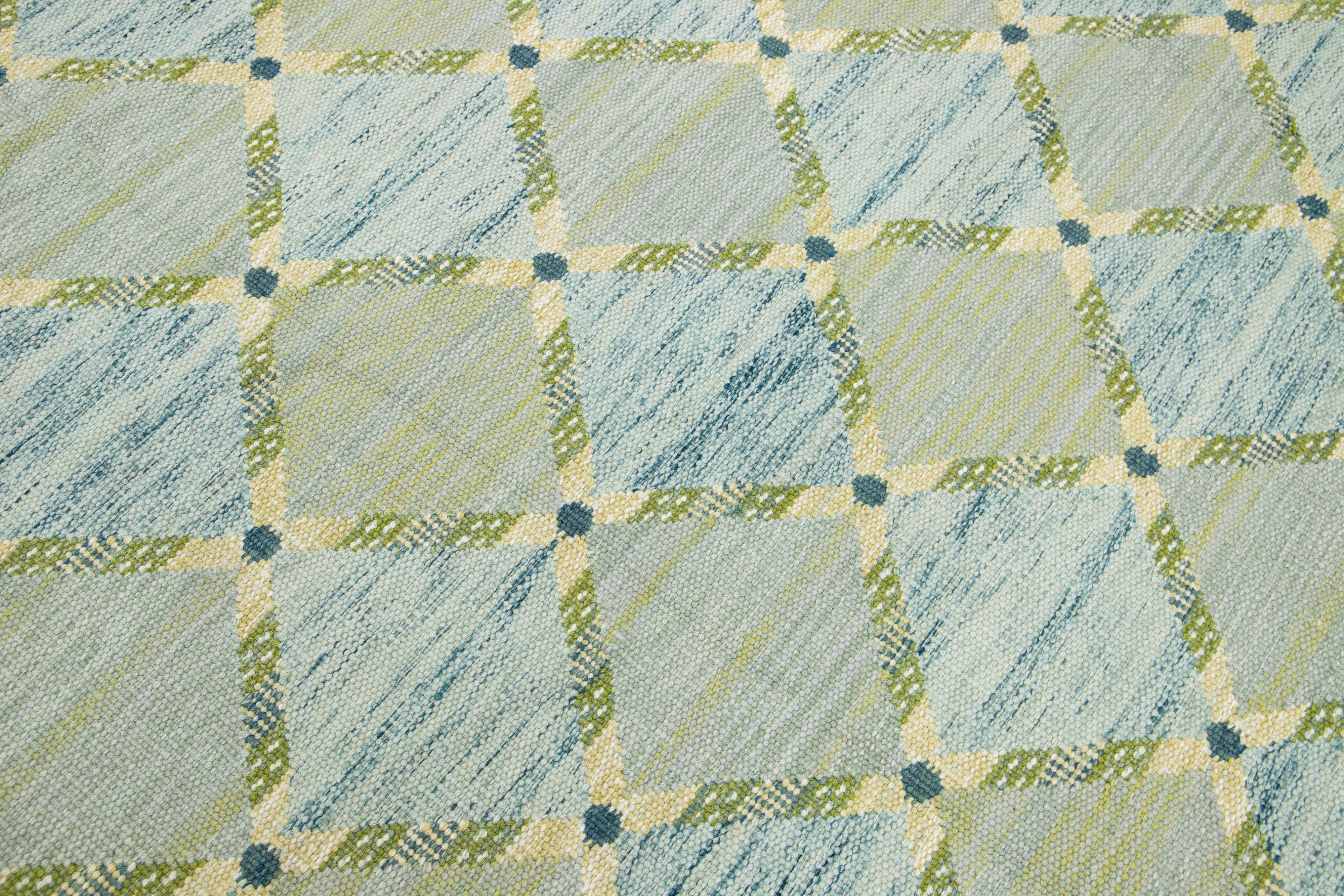 Contemporary  Swedish Style Green/Blue Modern Wool Rug Handmade With Geometric Pattern For Sale