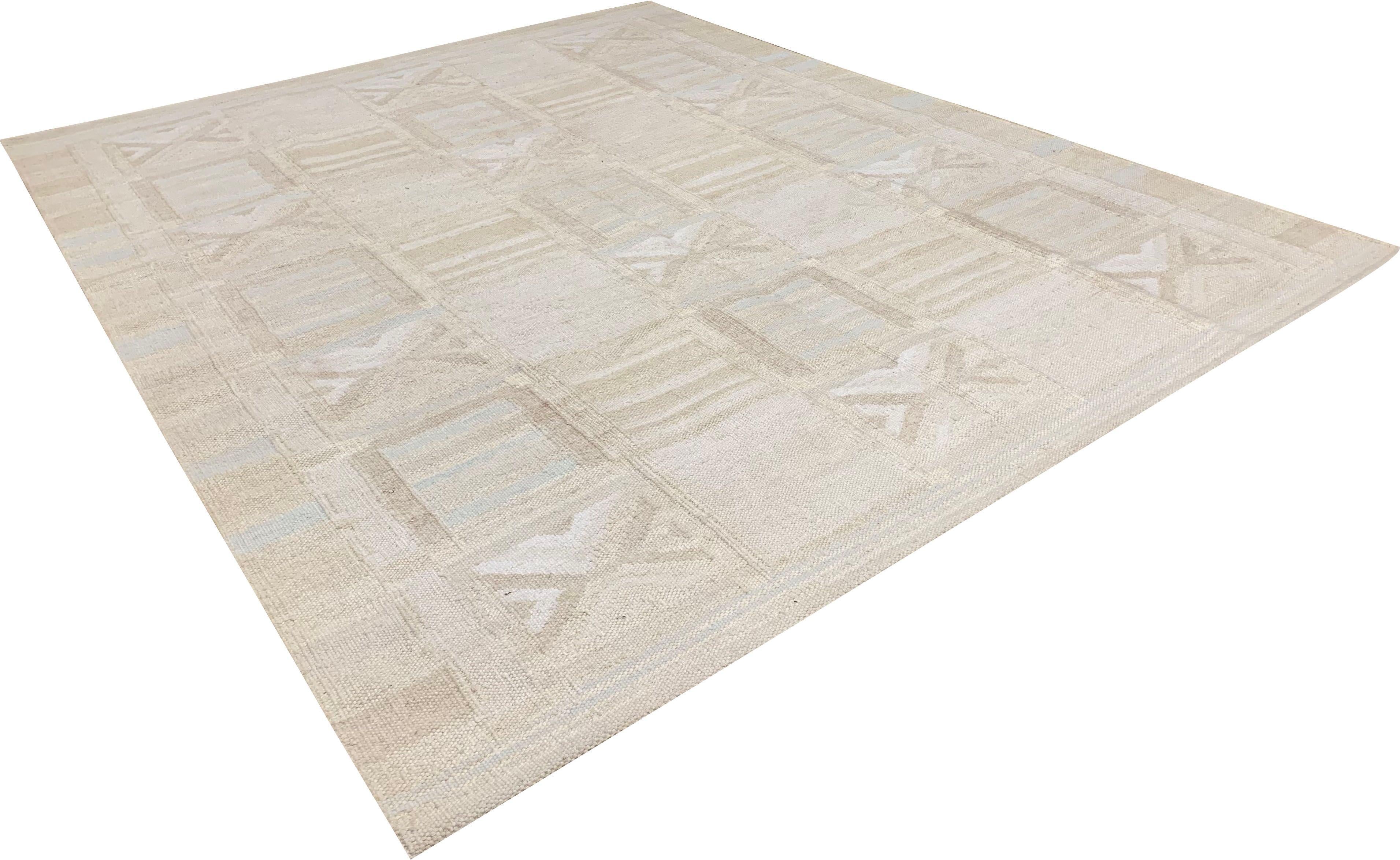 Scandinavian Swedish Style Flatweave  Deco rug, 8' x 10'. Handwoven in India using a combination of wool & viscose this Kilim has been styled on the clean and simple look of Swedish designs to create a rug that has a simplicity and boldness that