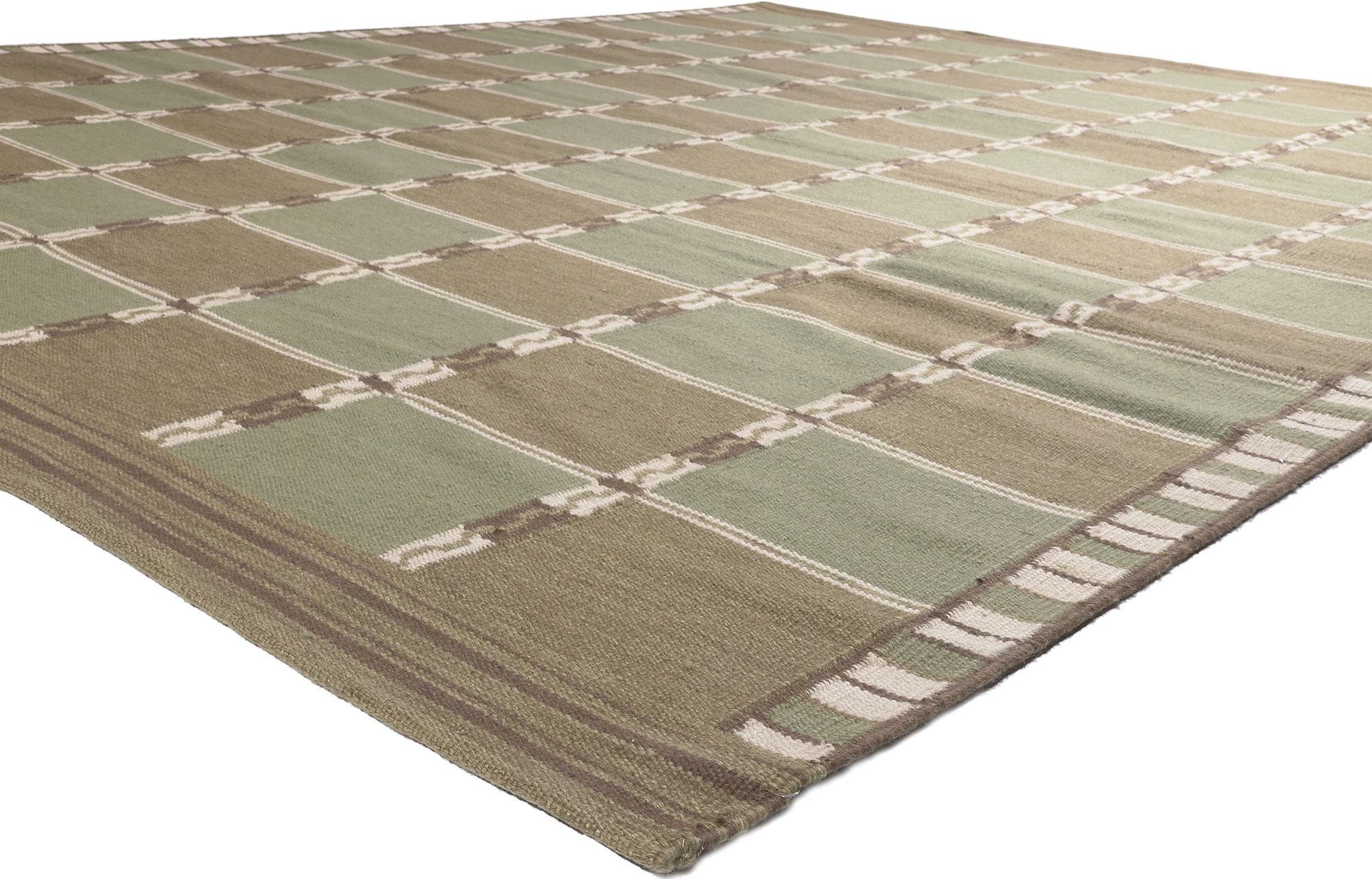 30943 New Swedish Inspired Kilim Rug, 10'02 x 12'10.
Scandinavian Modern meets Biophilic Design in this handwoven wool Swedish-inspired kilim rug. The eye-catching checked design and earthy colorway woven into this piece work together creating a