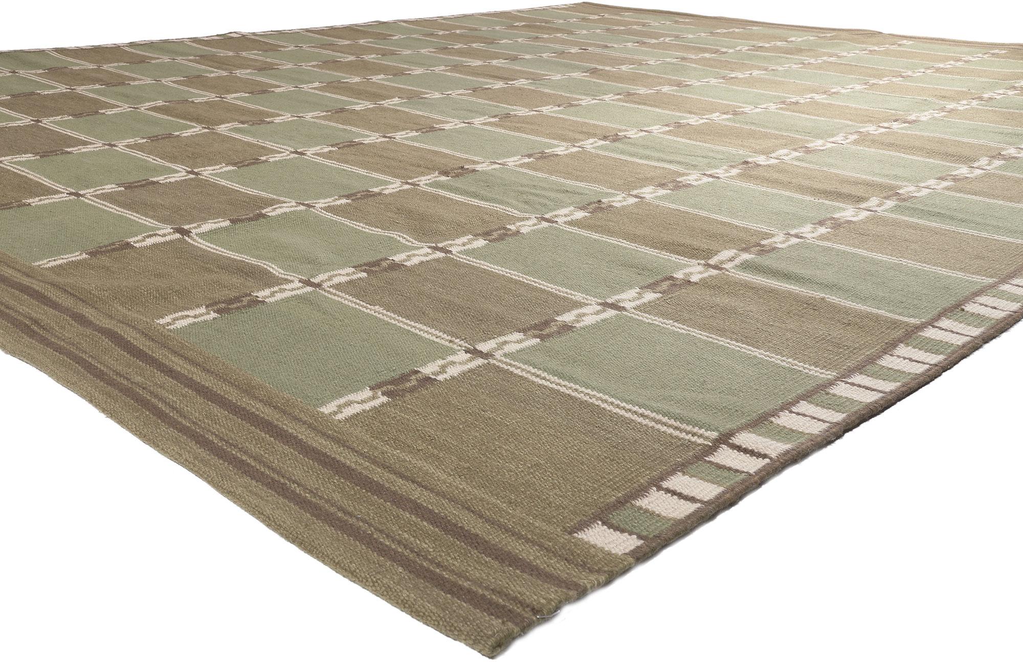 30944 New Swedish Inspired Kilim Rug, 12'03 x 14'11.
Scandinavian Modern meets Biophilic Design in this handwoven wool Swedish-inspired kilim rug. The eye-catching checked design and earthy colorway woven into this piece work together creating a