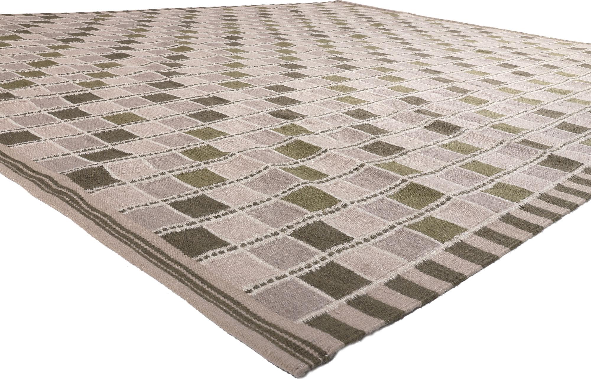 30952 New Swedish Inspired Kilim Rug, 10'05 x 12'09.
Scandinavian Modern meets Japanese Zen in this handwoven wool Swedish-inspired kilim rug. The neutral checkerboard pattern and earthy hues woven into this piece lends a laid-back, cozy feel. The