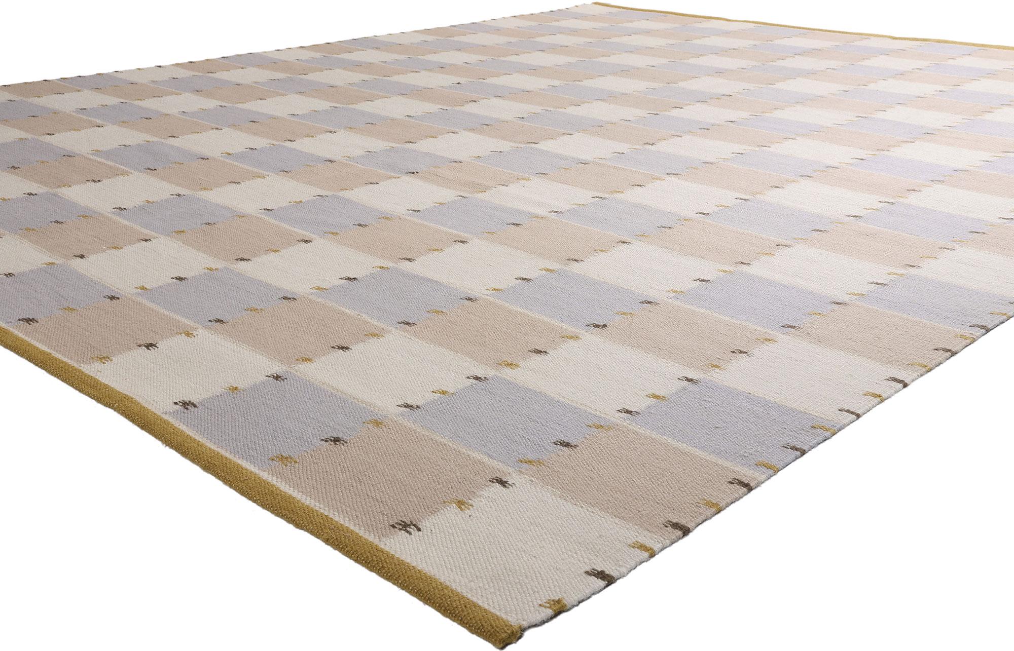 30950 New Scandinavian Swedish Inspired Röllakan, 10'03 x 12'09. A poetic symphony of geometry and softness, this handwoven wool Scandinavian Swedish-inspired röllakan invites a quiet reverence into the home. Woven in India by master artisans, it is