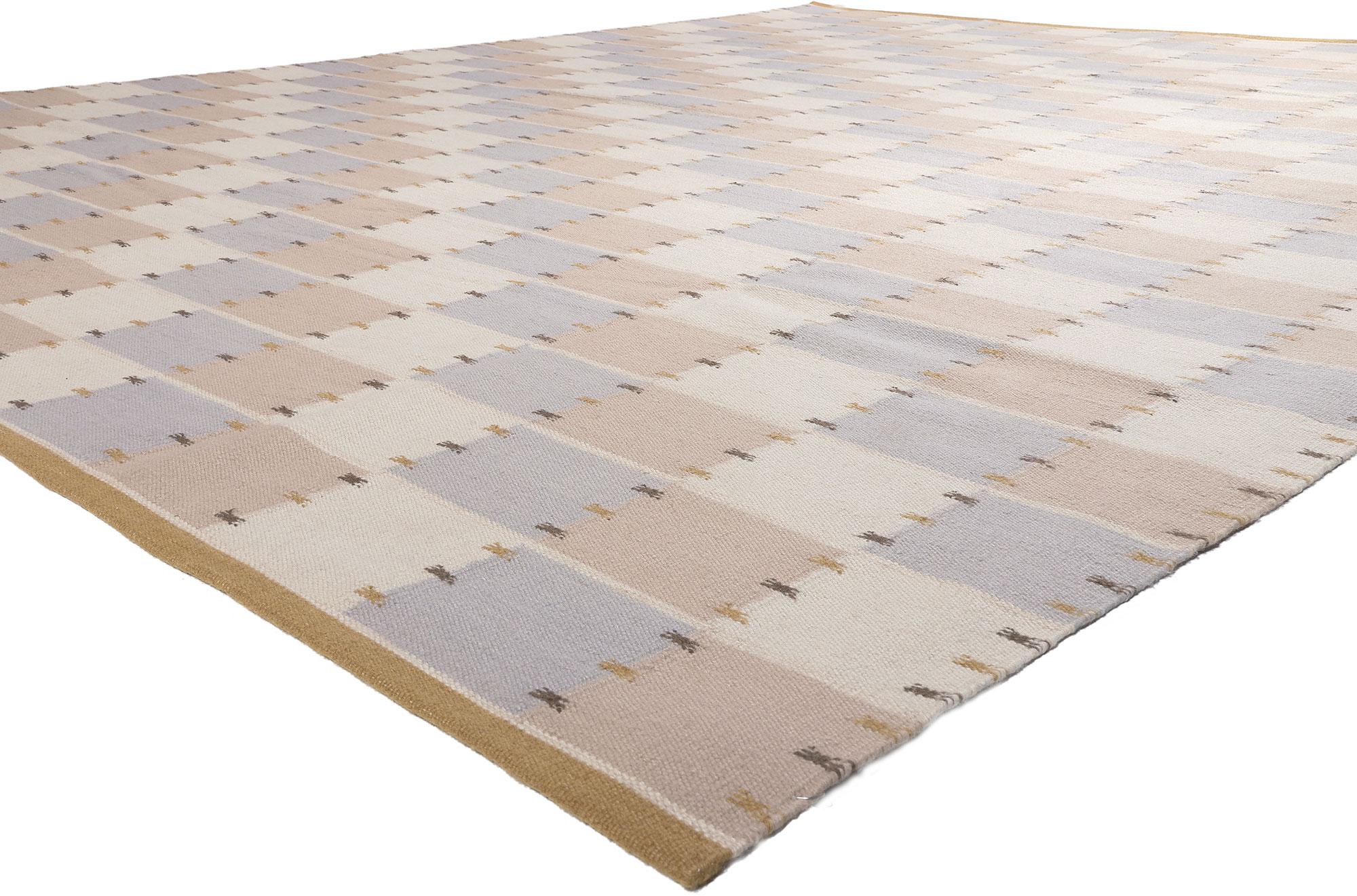 30951 New Swedish Inspired Kilim Rug, 12'01 x 15'01.
​Scandinavian Modern meets Minimalist Cubism in this handwoven wool Swedish-inspired kilim rug. The simplistic linear design and minimal color scheme woven into this piece share a common theme of
