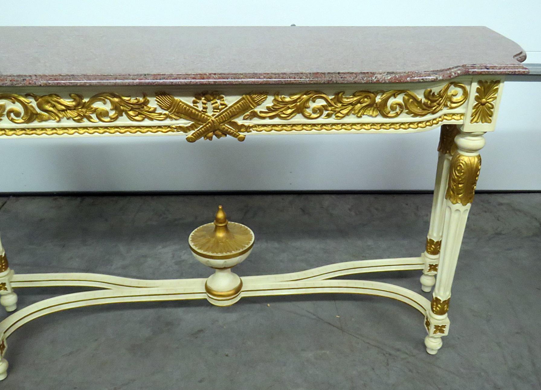 French Carved Gilded Painted Louis XVI Marble Top Console Table  In Good Condition In Swedesboro, NJ