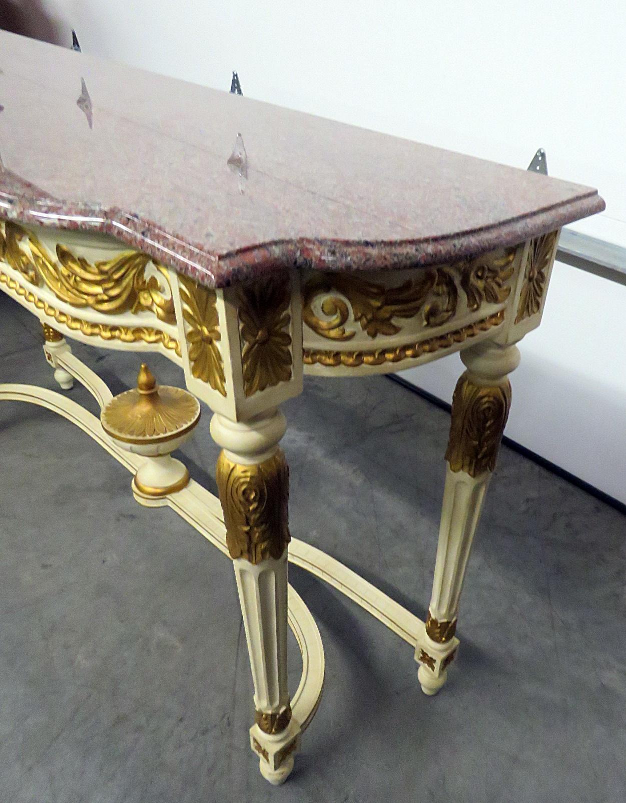 Wood French Carved Gilded Painted Louis XVI Marble Top Console Table 