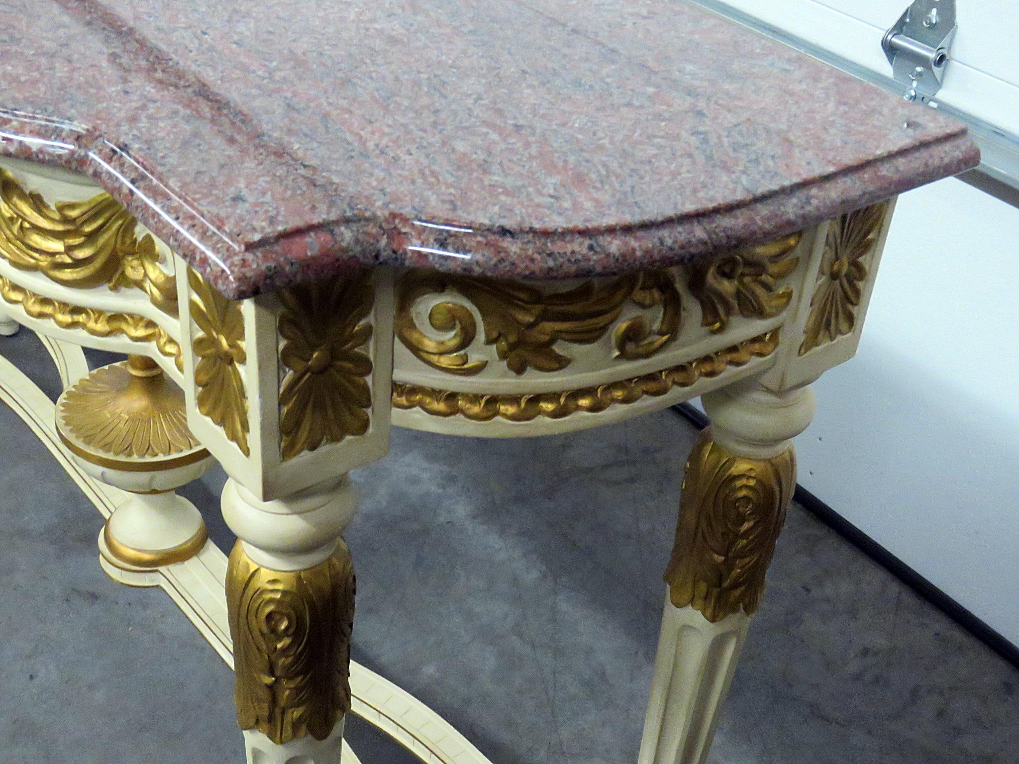 French Carved Gilded Painted Louis XVI Marble Top Console Table  1