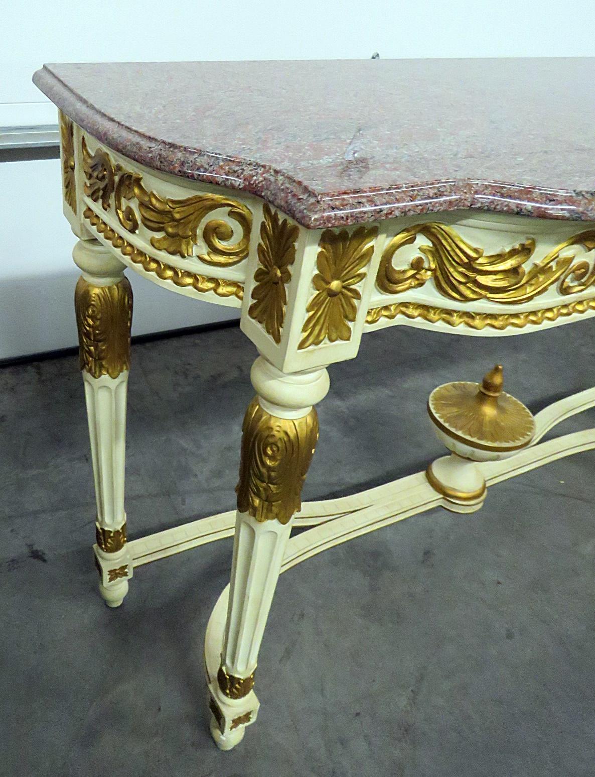 French Carved Gilded Painted Louis XVI Marble Top Console Table  3