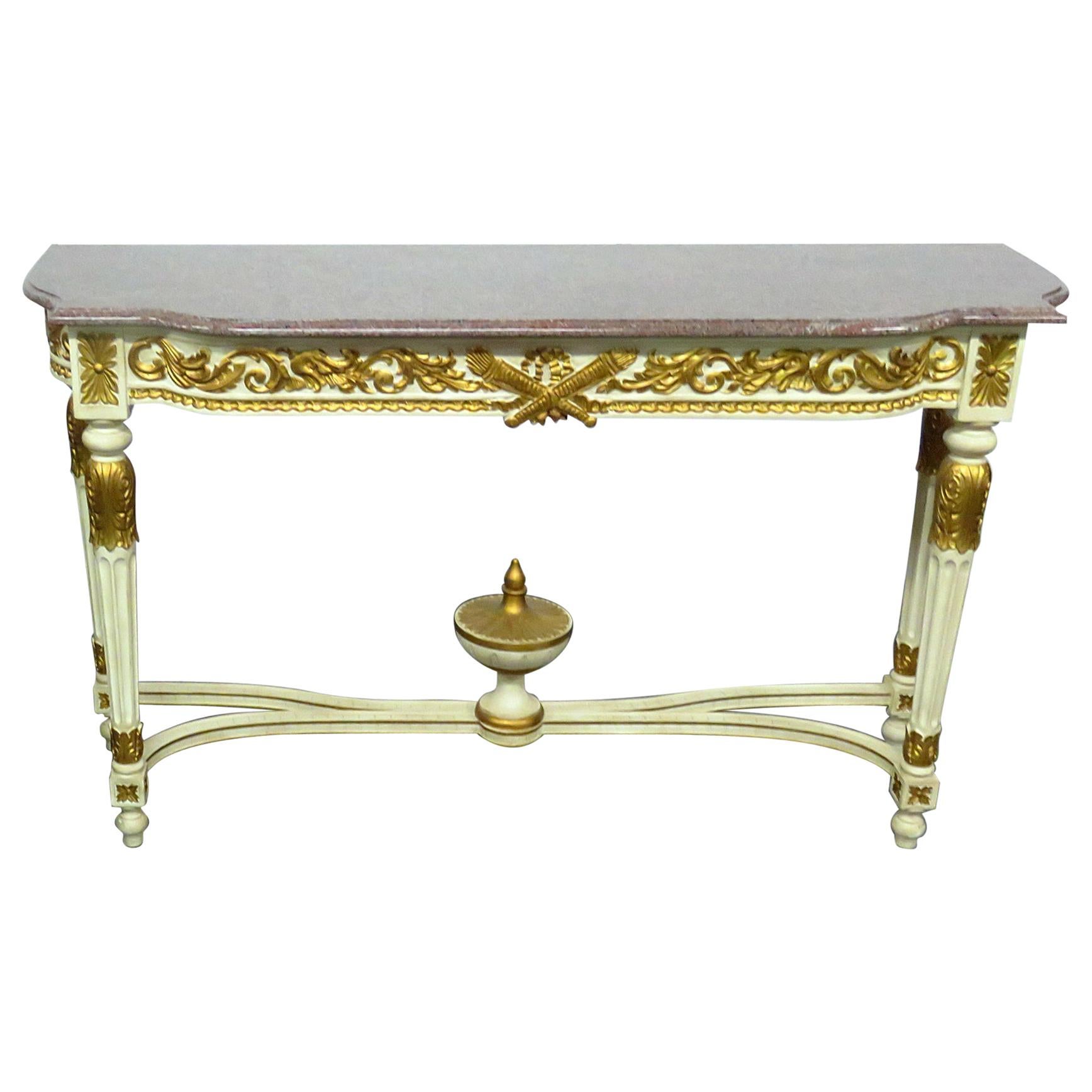 French Carved Gilded Painted Louis XVI Marble Top Console Table 