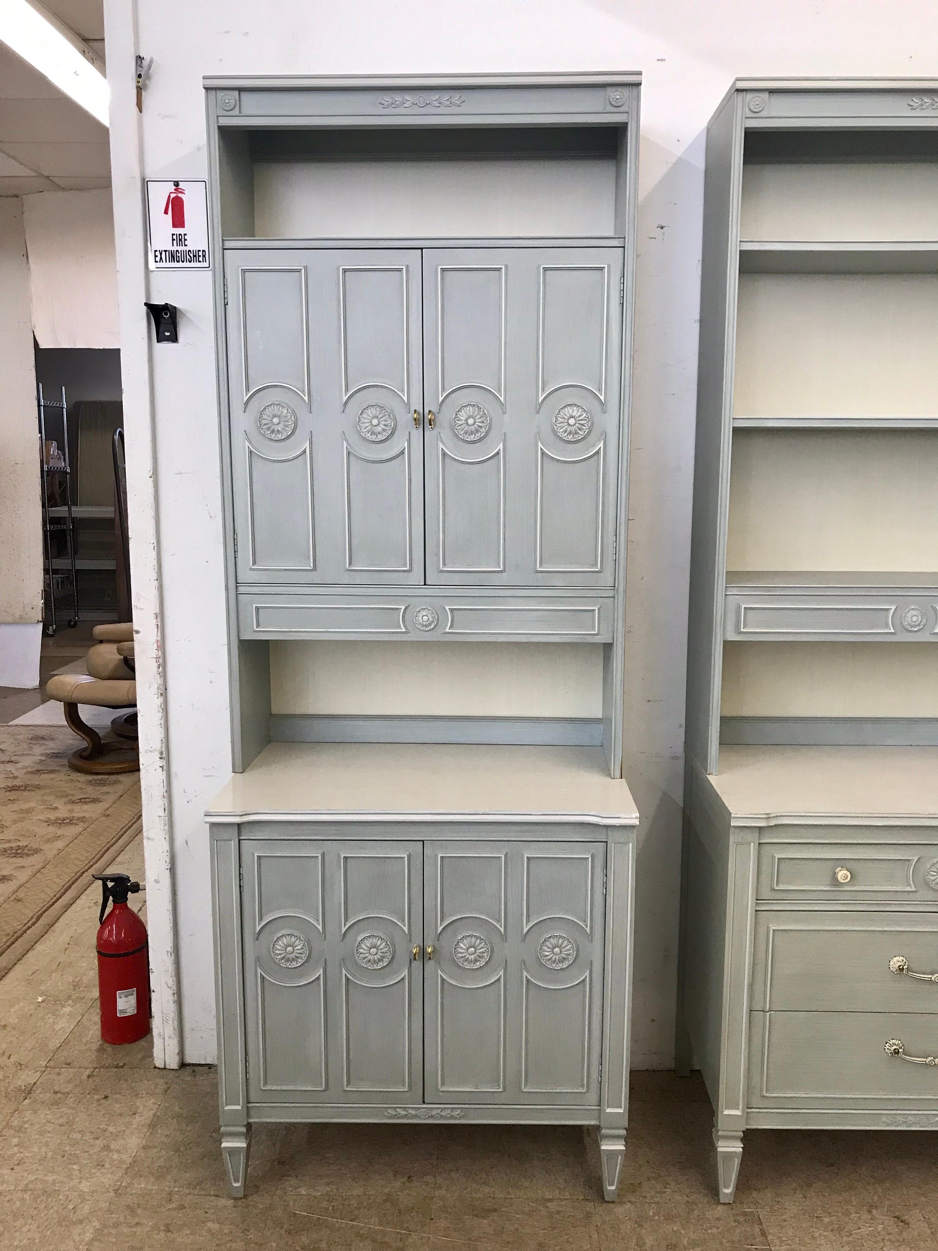 Mid-Century Modern Swedish Style Powder Blue Grey Bedroom Set, Bookcases, Chests, Twin Headboards