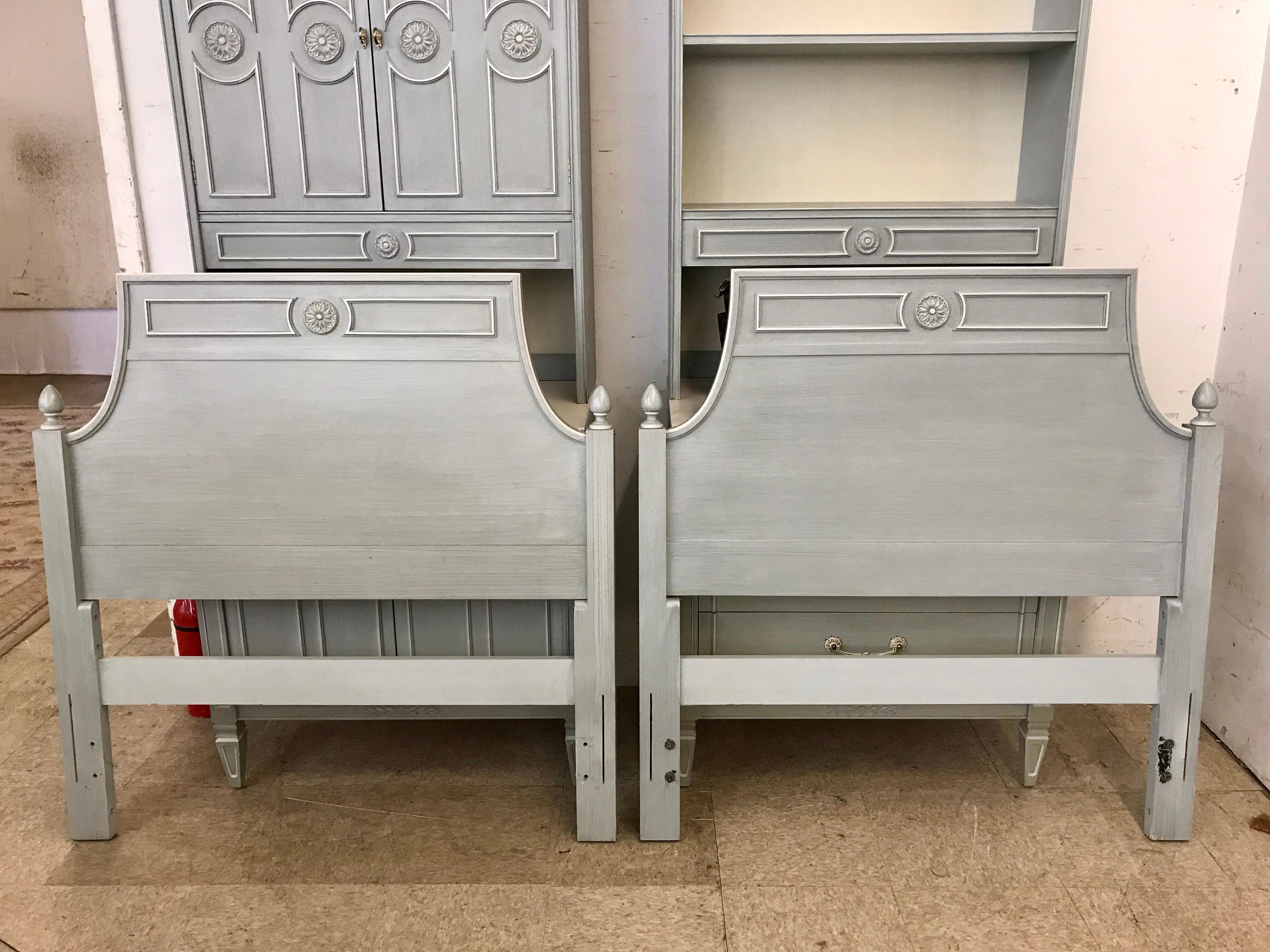 American Swedish Style Powder Blue Grey Bedroom Set, Bookcases, Chests, Twin Headboards