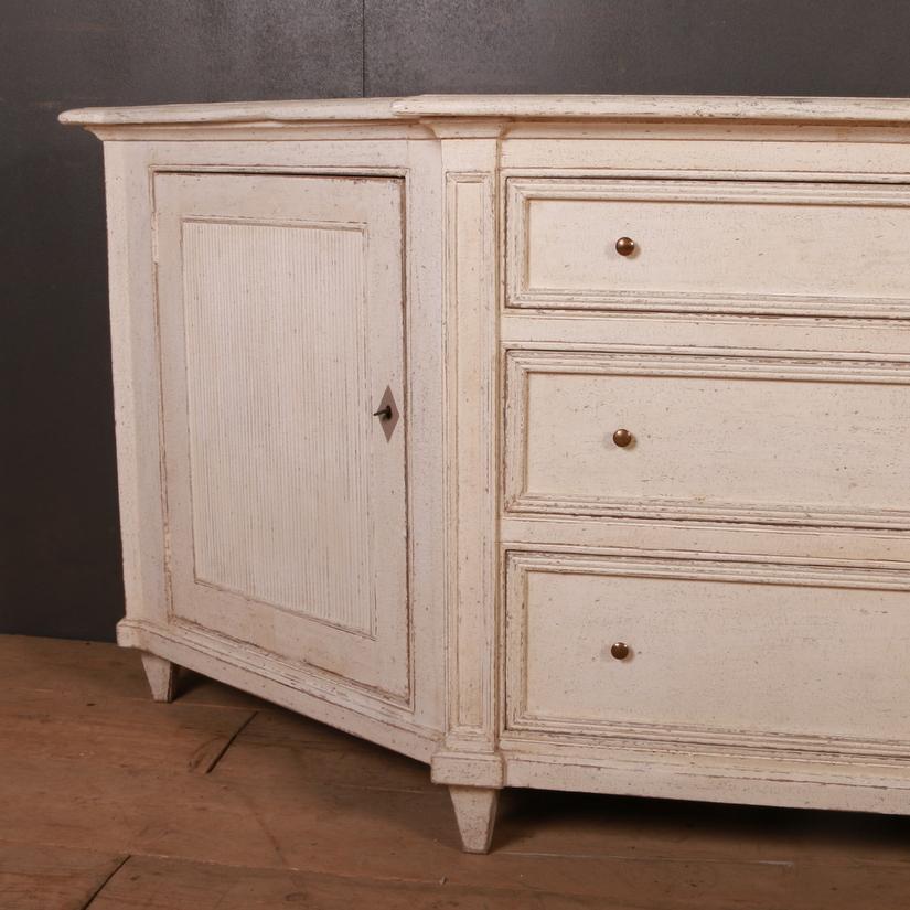 Custom made Swedish style enfilade with 3 drawers and canted cupboards. This can be made to your size and paint color.

Dimensions:
77 inches (196 cms) wide
19.5 inches (50 cms) deep
33 inches (84 cms) high.

 