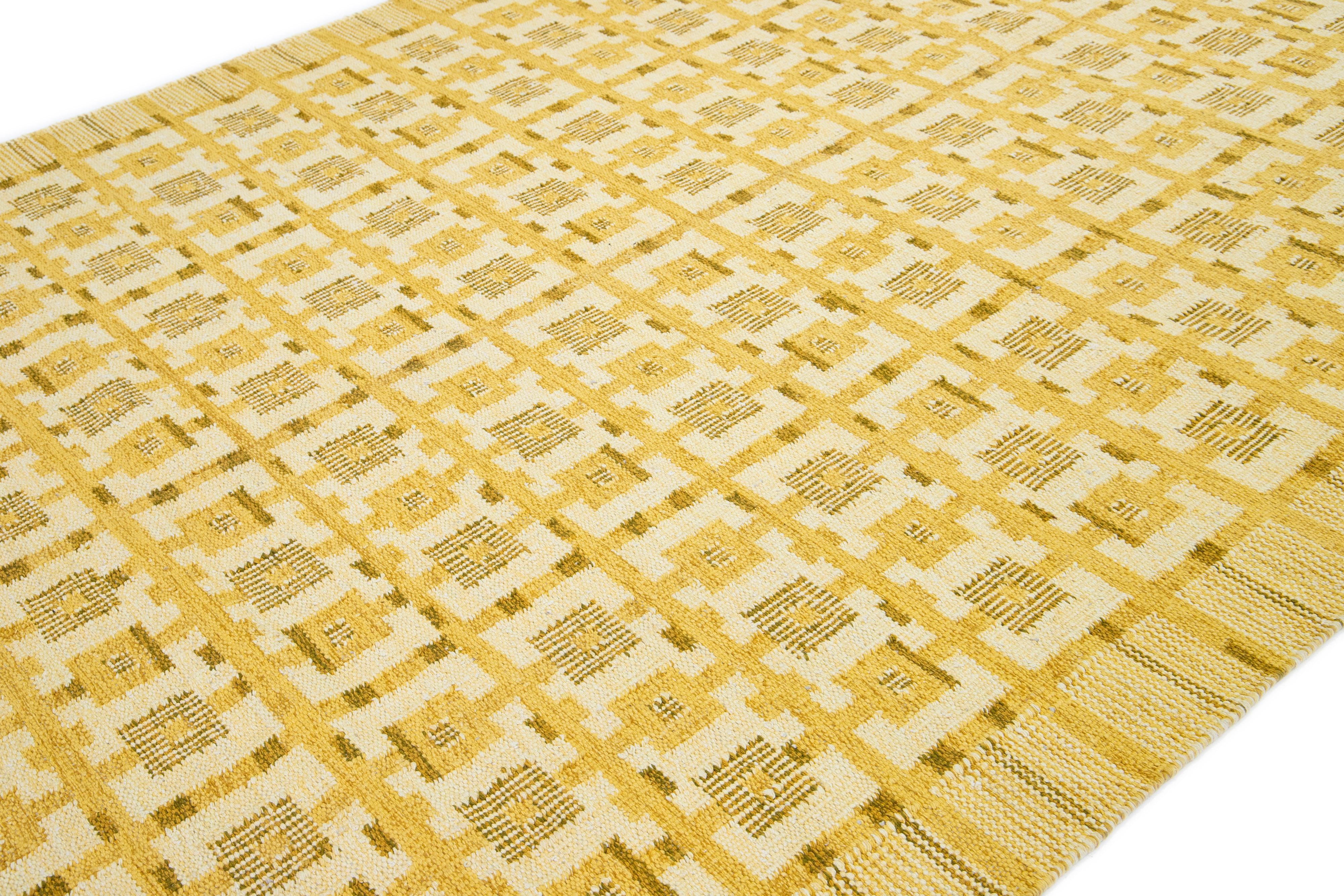 Scandinavian Modern Swedish Style Yellow Modern Wool Rug Handmade With Geometric Design For Sale