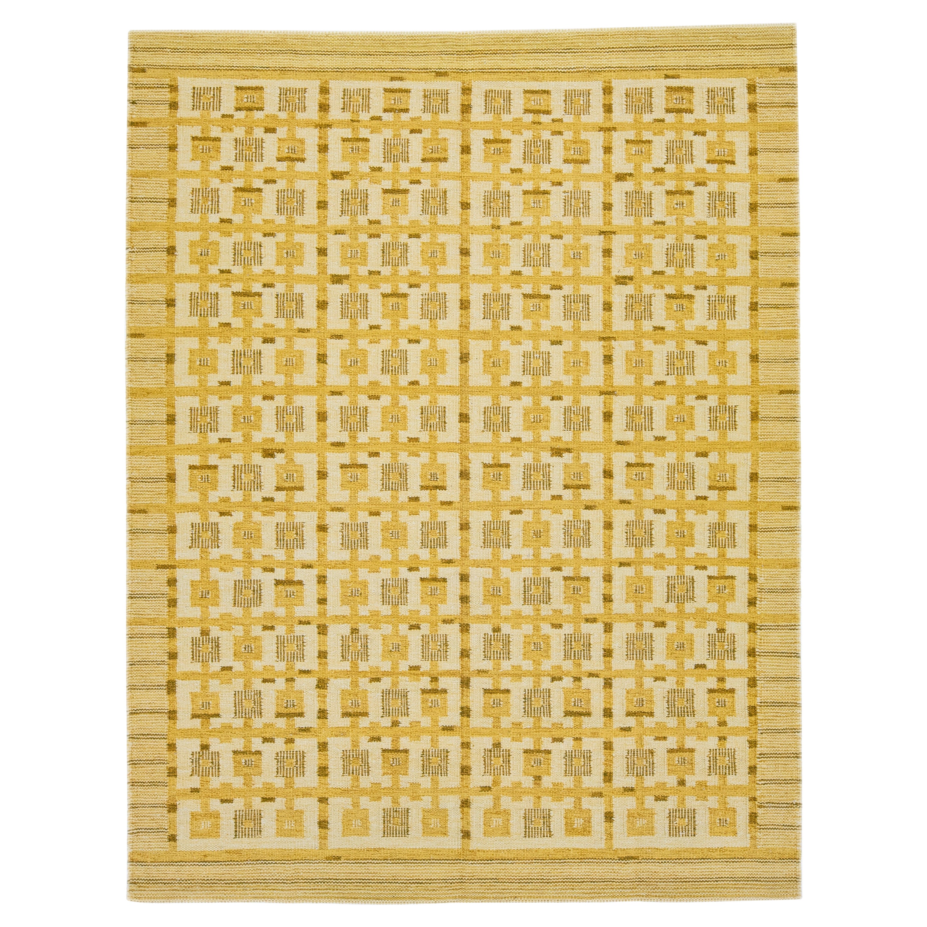 Tapis en laine jaune de style suédois moderne fait à la main avec un design géométrique