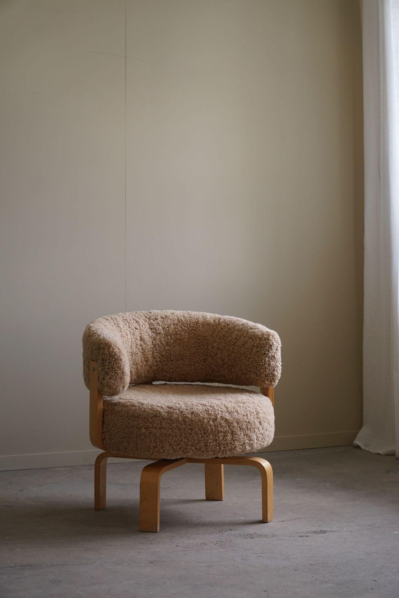 Swedish Swivel Armchair in Beech & Lambswool by Carina Bengs, Model 