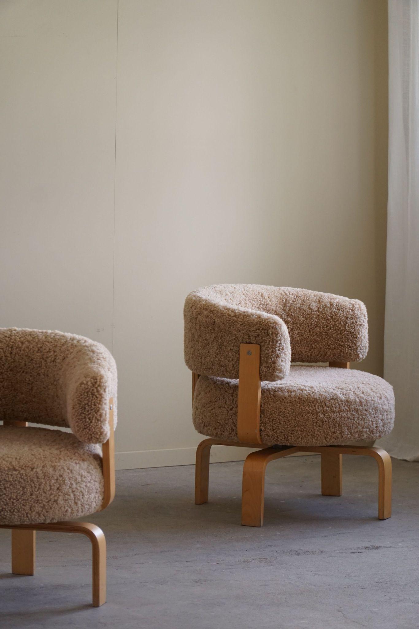 Art Deco Swedish Swivel Armchair in Beech & Lambswool by Carina Bengs, Model 