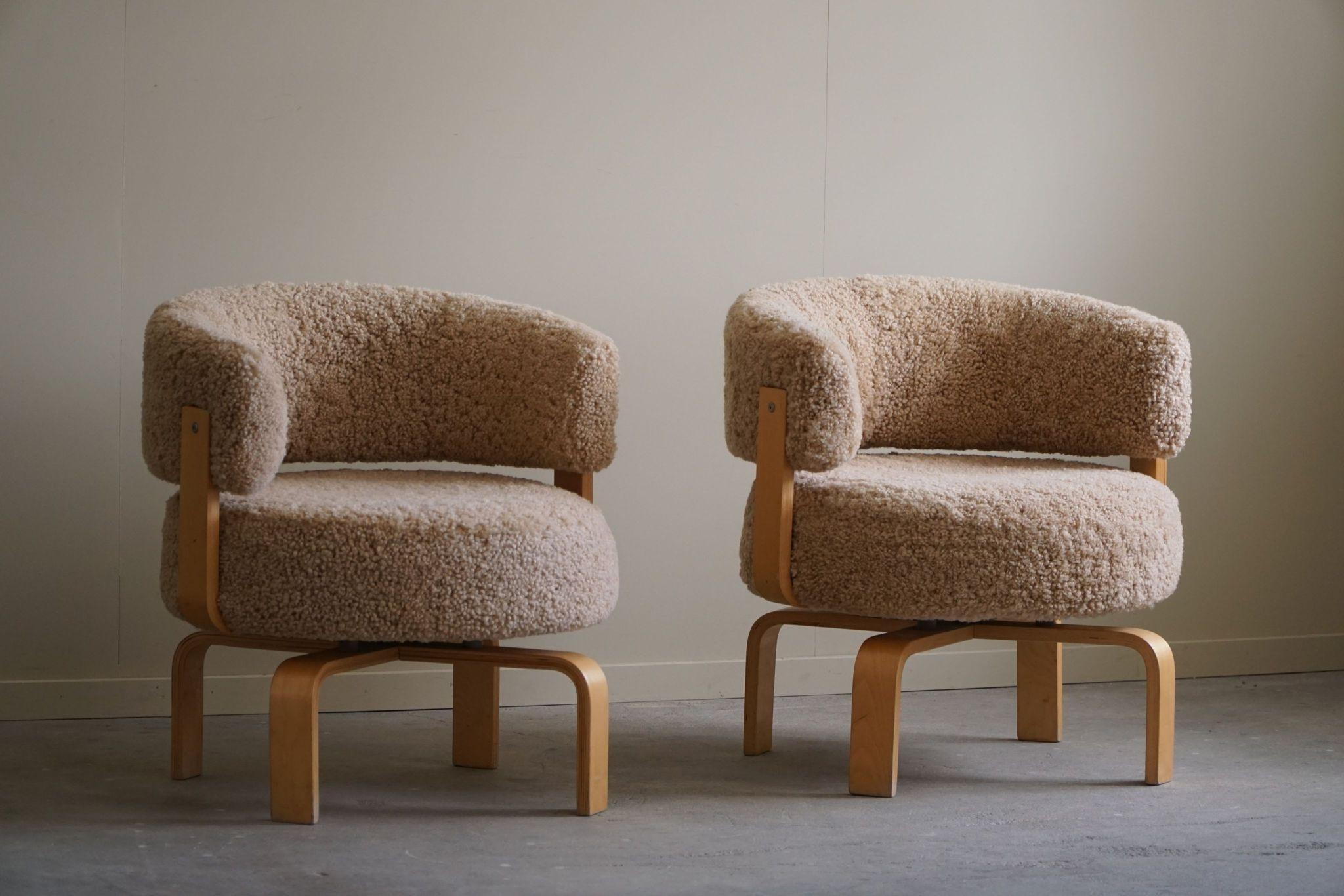 Swedish Swivel Armchair in Beech & Lambswool by Carina Bengs, Model 