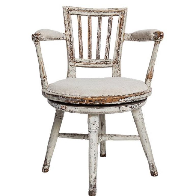 Painted Early Antique Swedish Country Swivel Chair with Historic White Paint