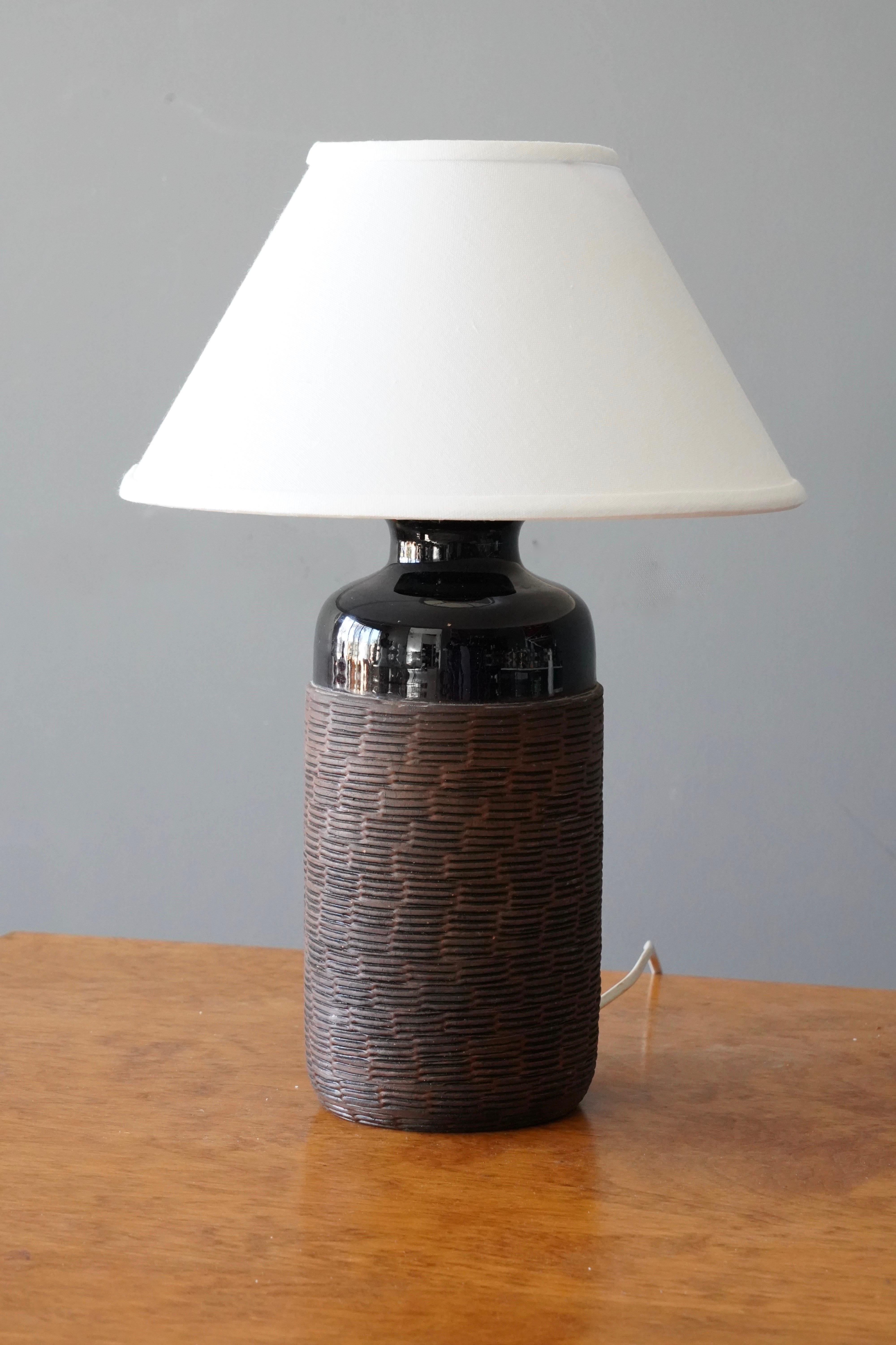 Swedish, Table Lamp, Black Brown Semi Glazed Incised Stoneware, Sweden, 1960s 1